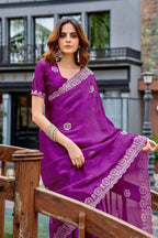 Vastranavya Purple Embroidery Work Shimmer Chiffon Saree with Unstitched Blouse | Grocsy