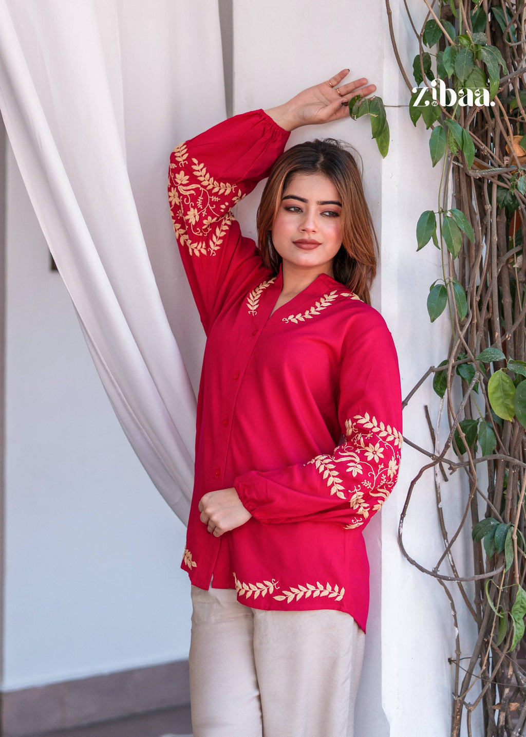 Zibaa Hot Pink Luxury Rayon Chikankari Top | Grocsy