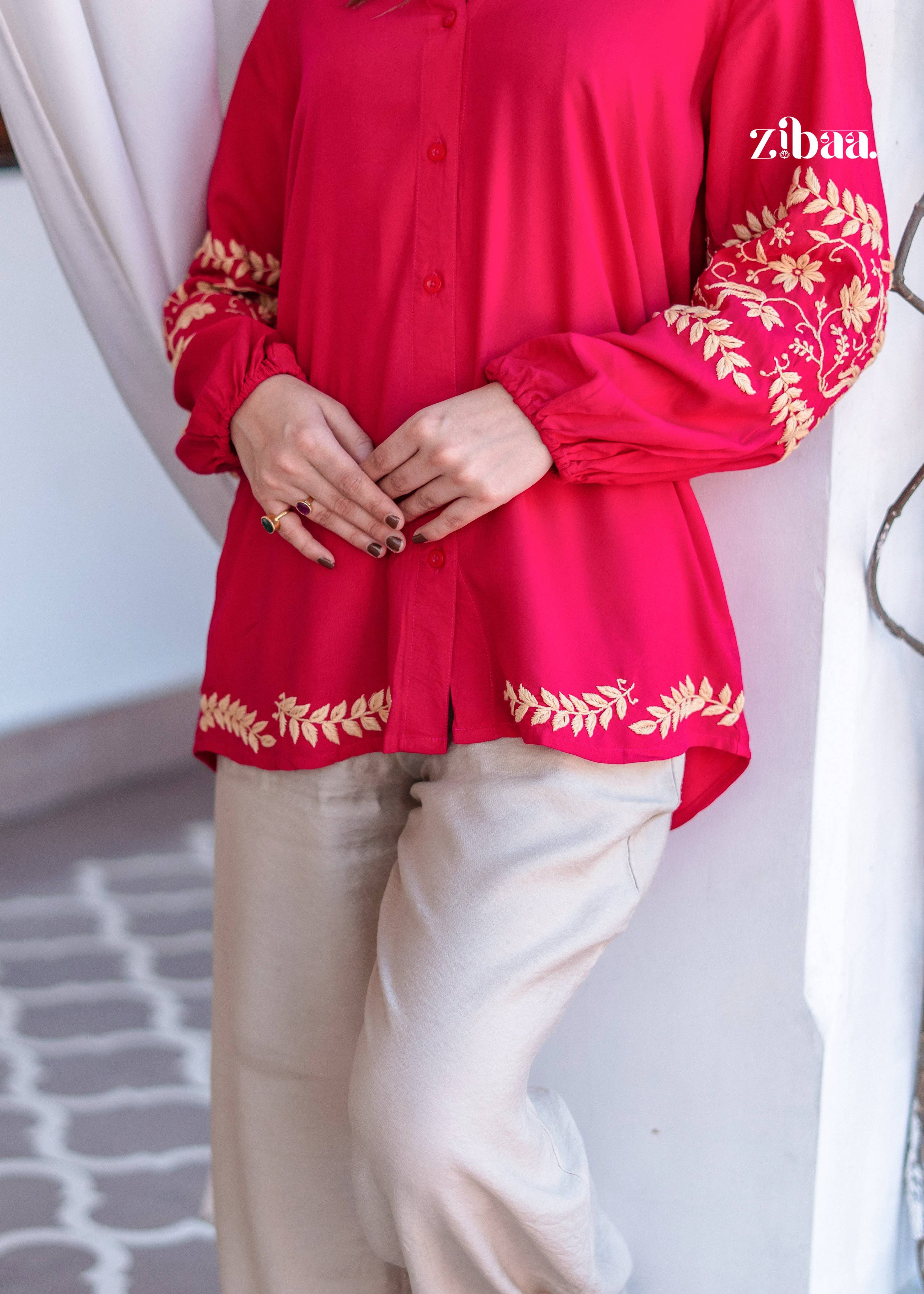 Zibaa Hot Pink Luxury Rayon Chikankari Top | Grocsy