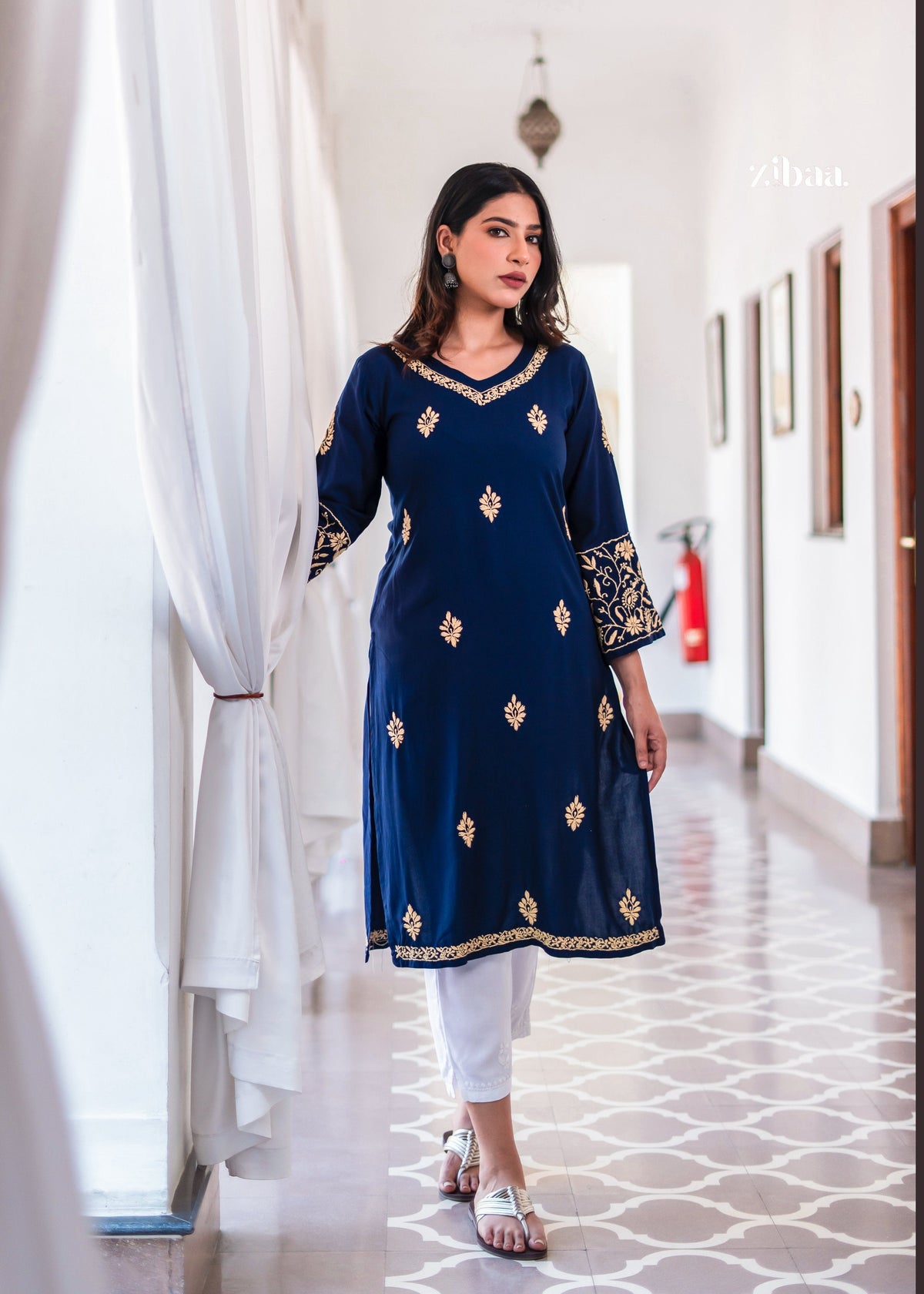 Zibaa Blue & Gold Luxury Rayon Chikankari Kurta | Grocsy