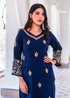 Zibaa Blue & Gold Luxury Rayon Chikankari Kurta | Grocsy