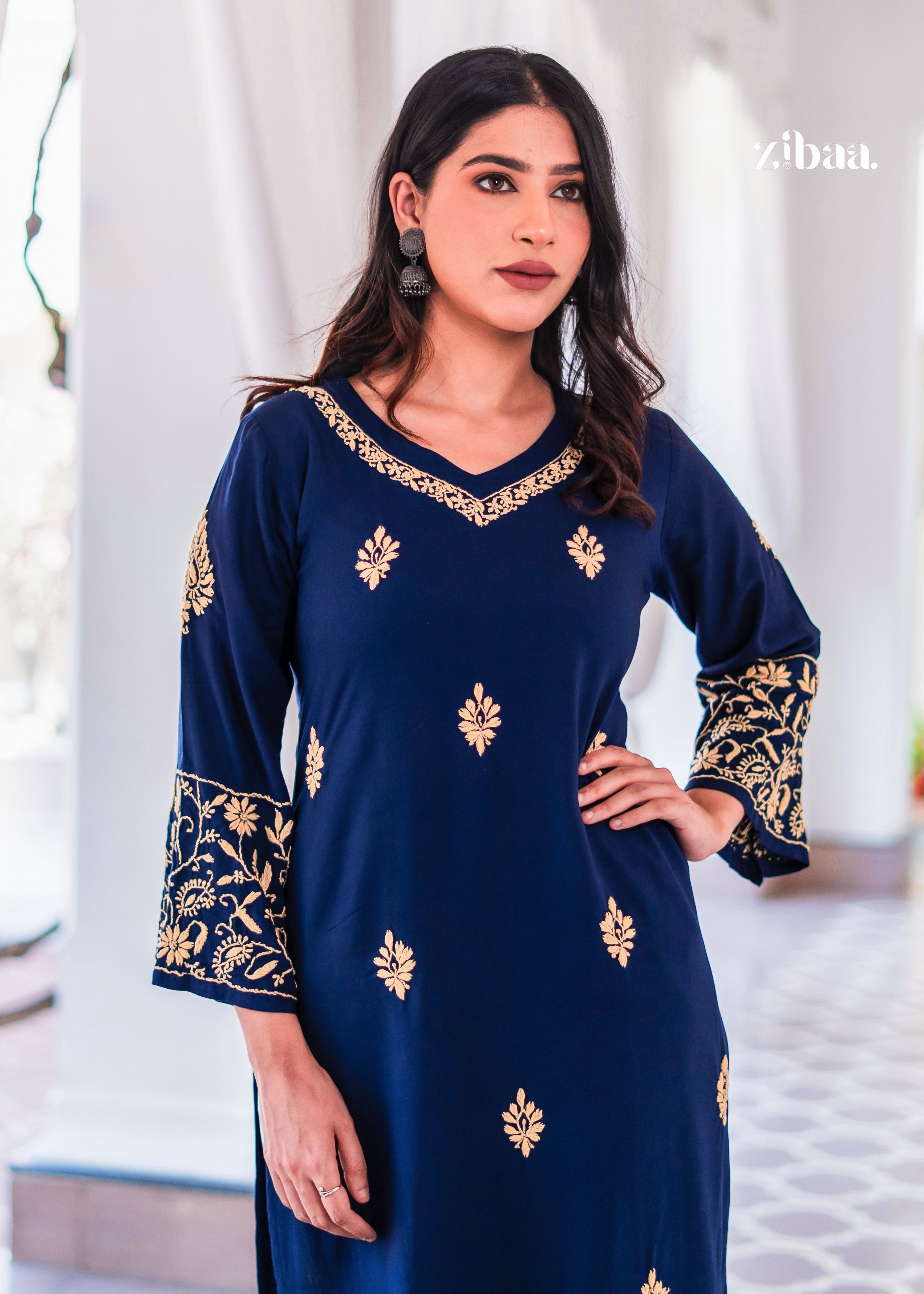 Zibaa Blue & Gold Luxury Rayon Chikankari Kurta | Grocsy