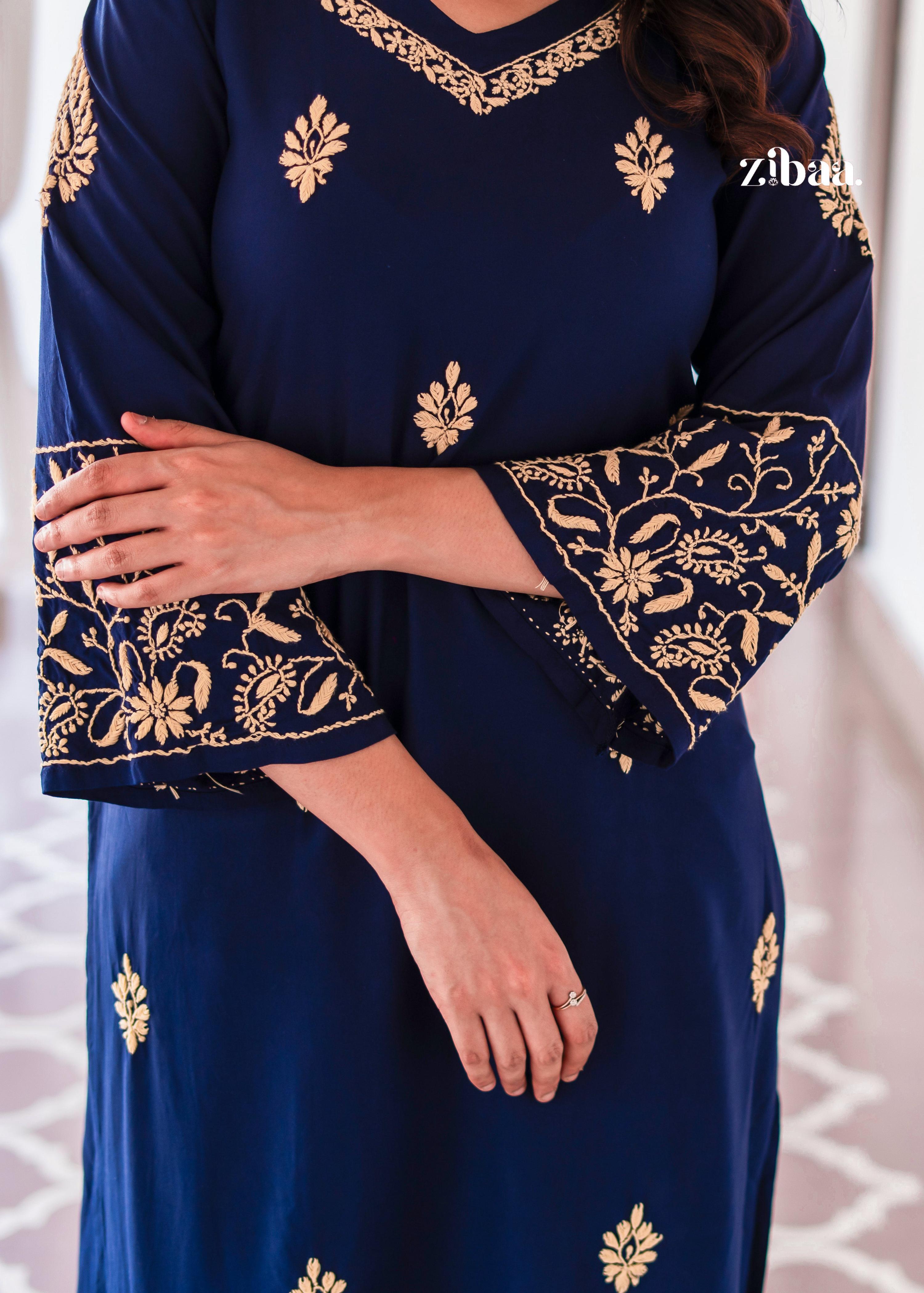 Zibaa Blue & Gold Luxury Rayon Chikankari Kurta | Grocsy
