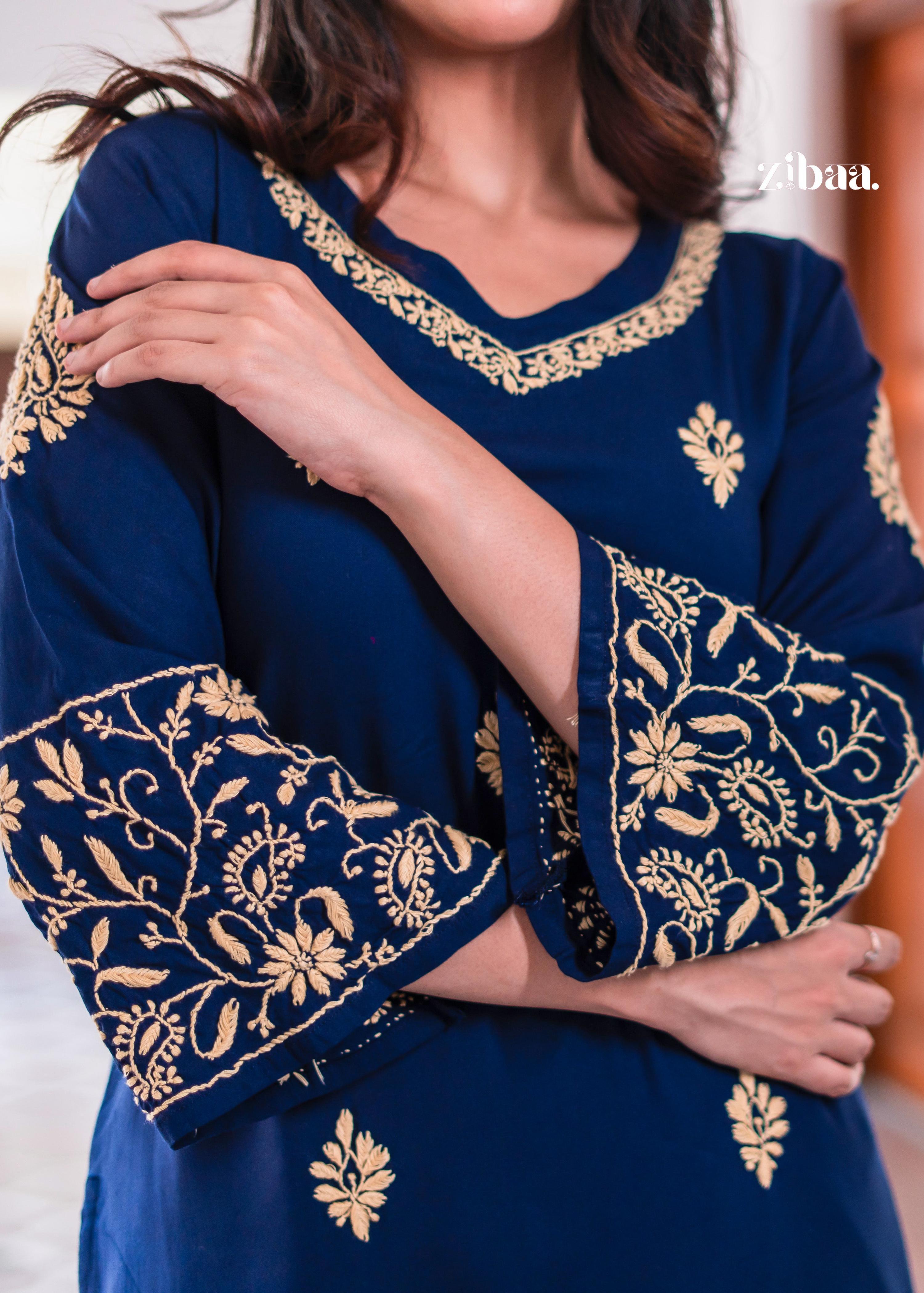 Zibaa Blue & Gold Luxury Rayon Chikankari Kurta | Grocsy