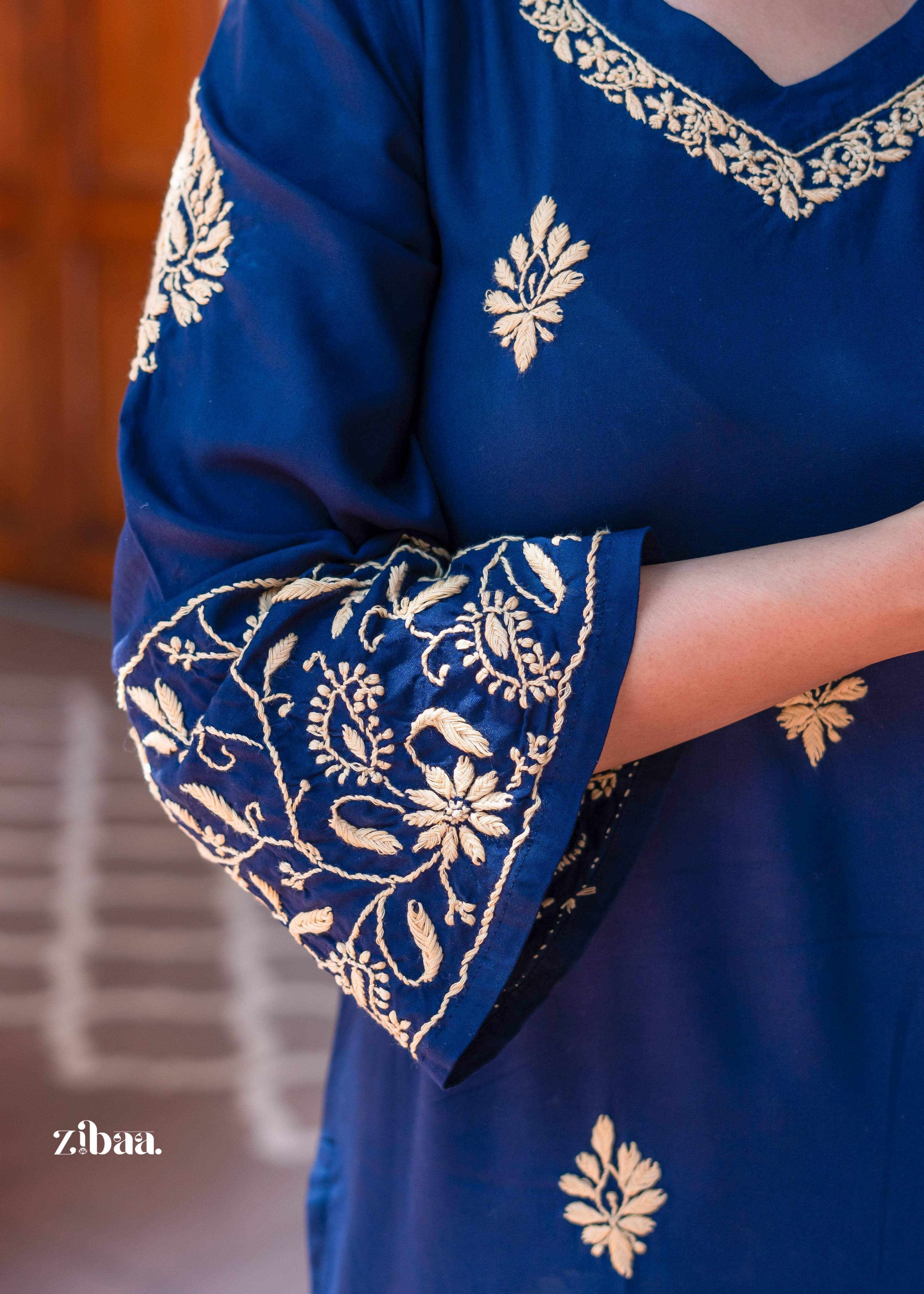 Zibaa Blue & Gold Luxury Rayon Chikankari Kurta | Grocsy