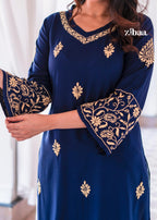 Zibaa Blue & Gold Luxury Rayon Chikankari Kurta | Grocsy