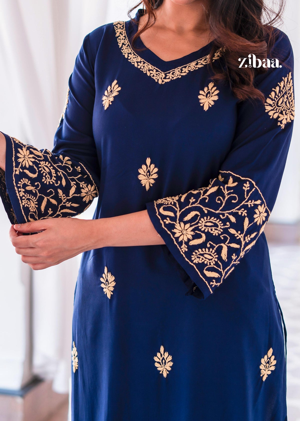 Zibaa Blue & Gold Luxury Rayon Chikankari Kurta | Grocsy