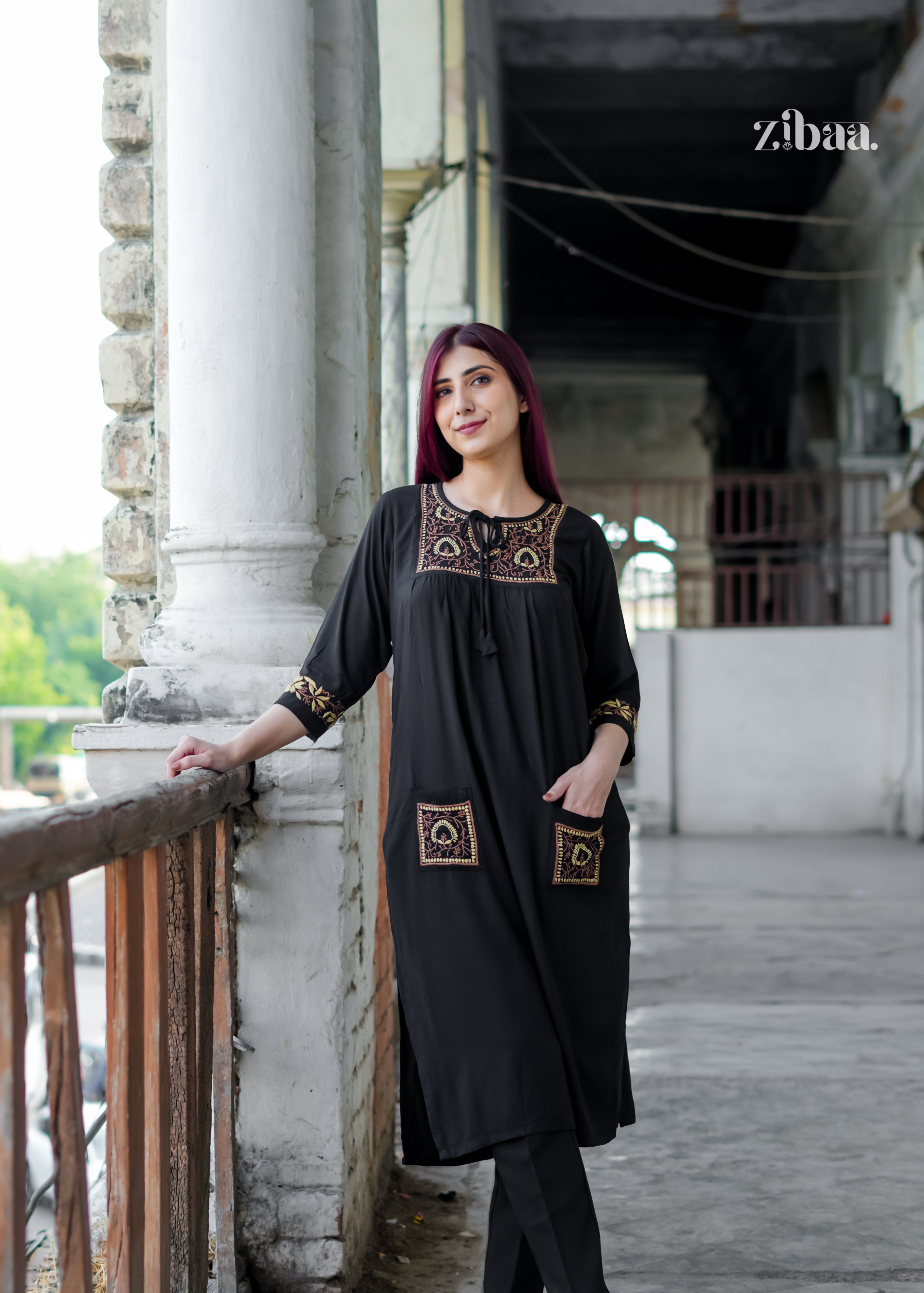 Zibaa Black & Gold Rayon Chikankari Kurta | Grocsy