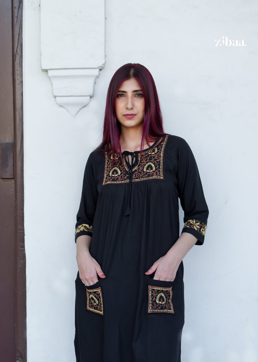 Zibaa Black & Gold Rayon Chikankari Kurta | Grocsy