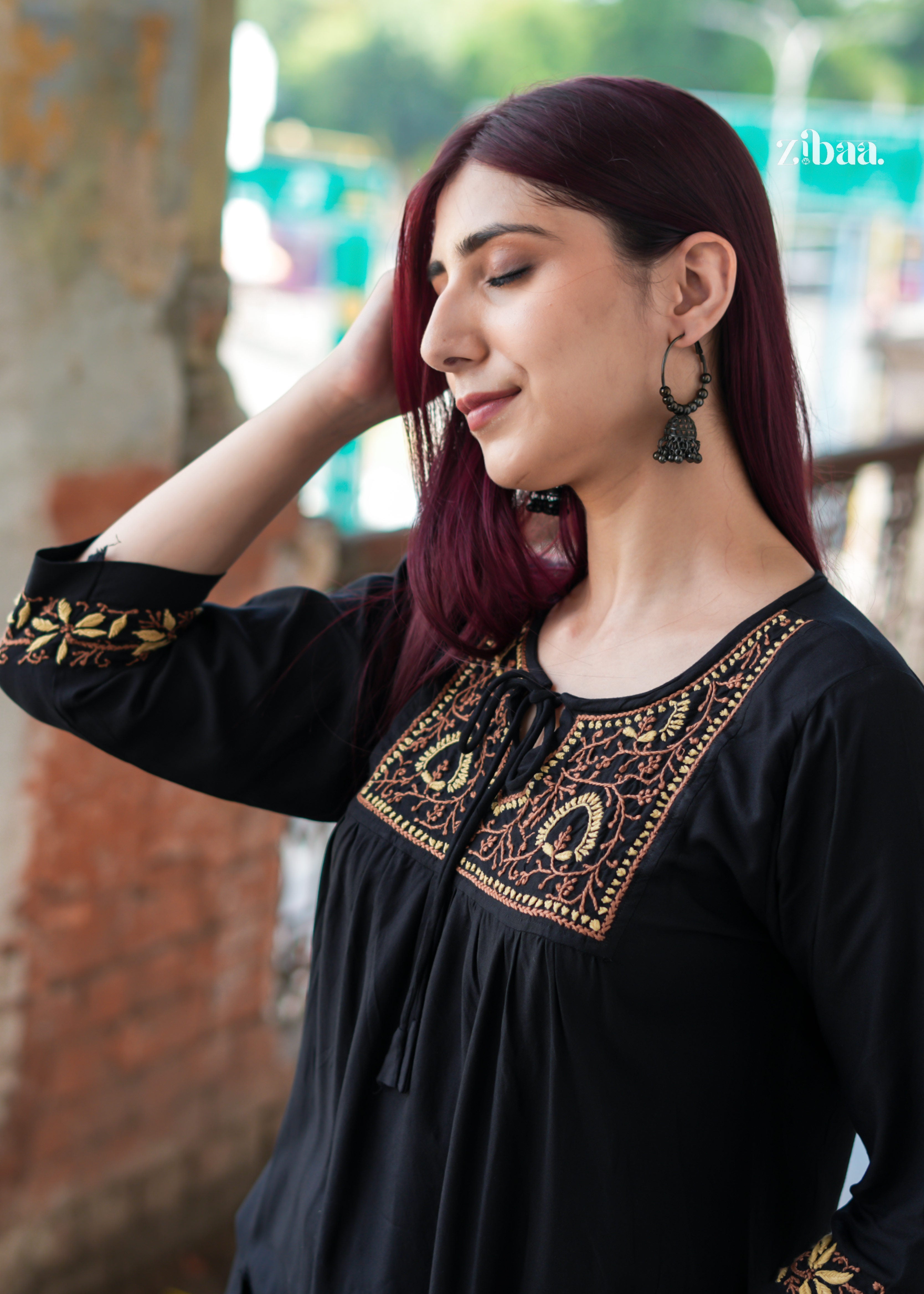 Zibaa Black & Gold Rayon Chikankari Kurta | Grocsy
