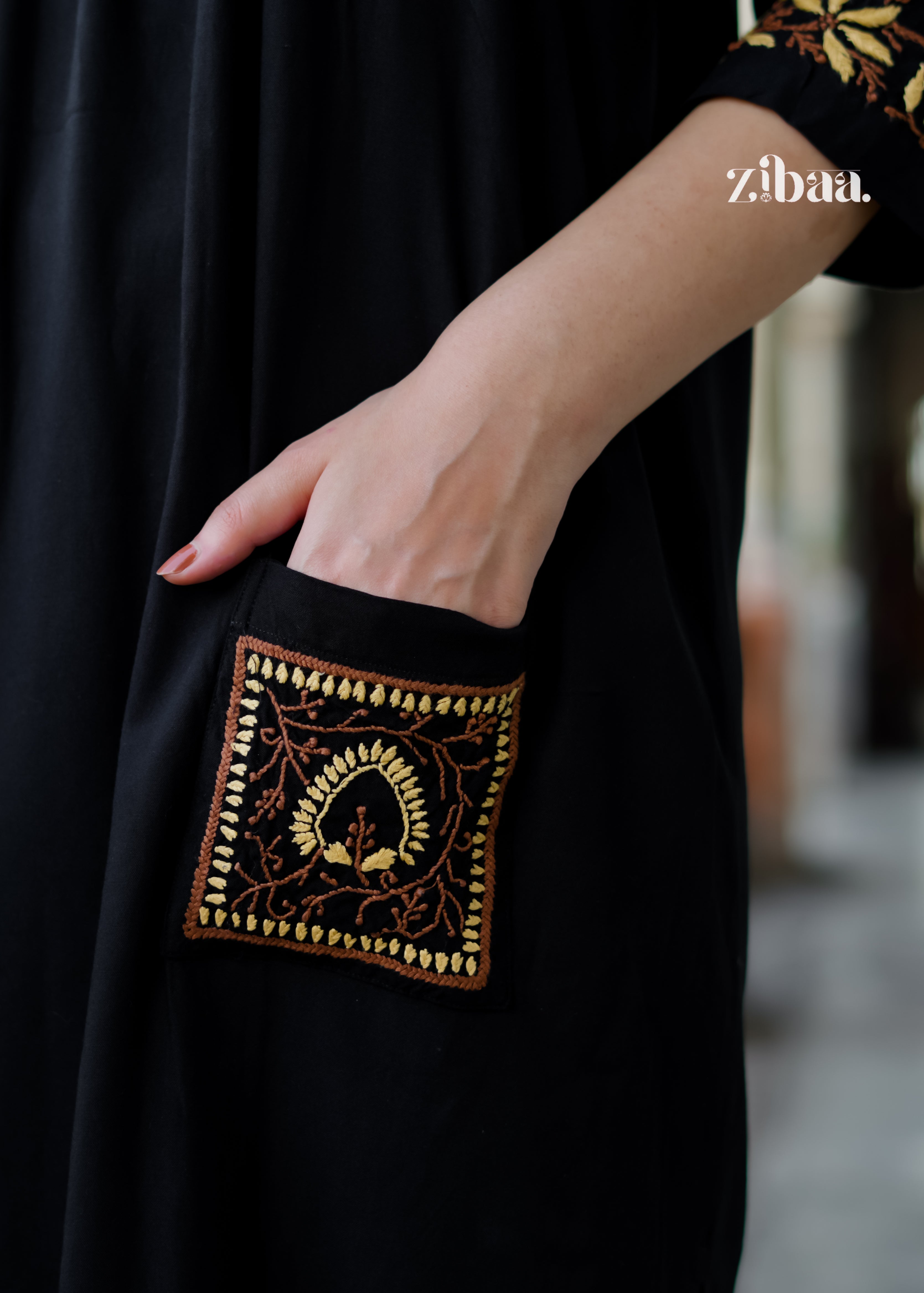 Zibaa Black & Gold Rayon Chikankari Kurta | Grocsy