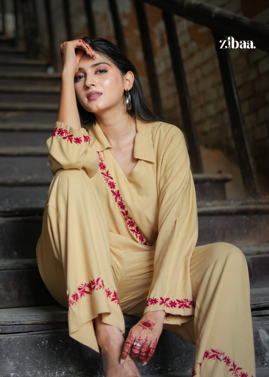 Zibaa Beige Rayon Chikankari Co-ord Set | Grocsy
