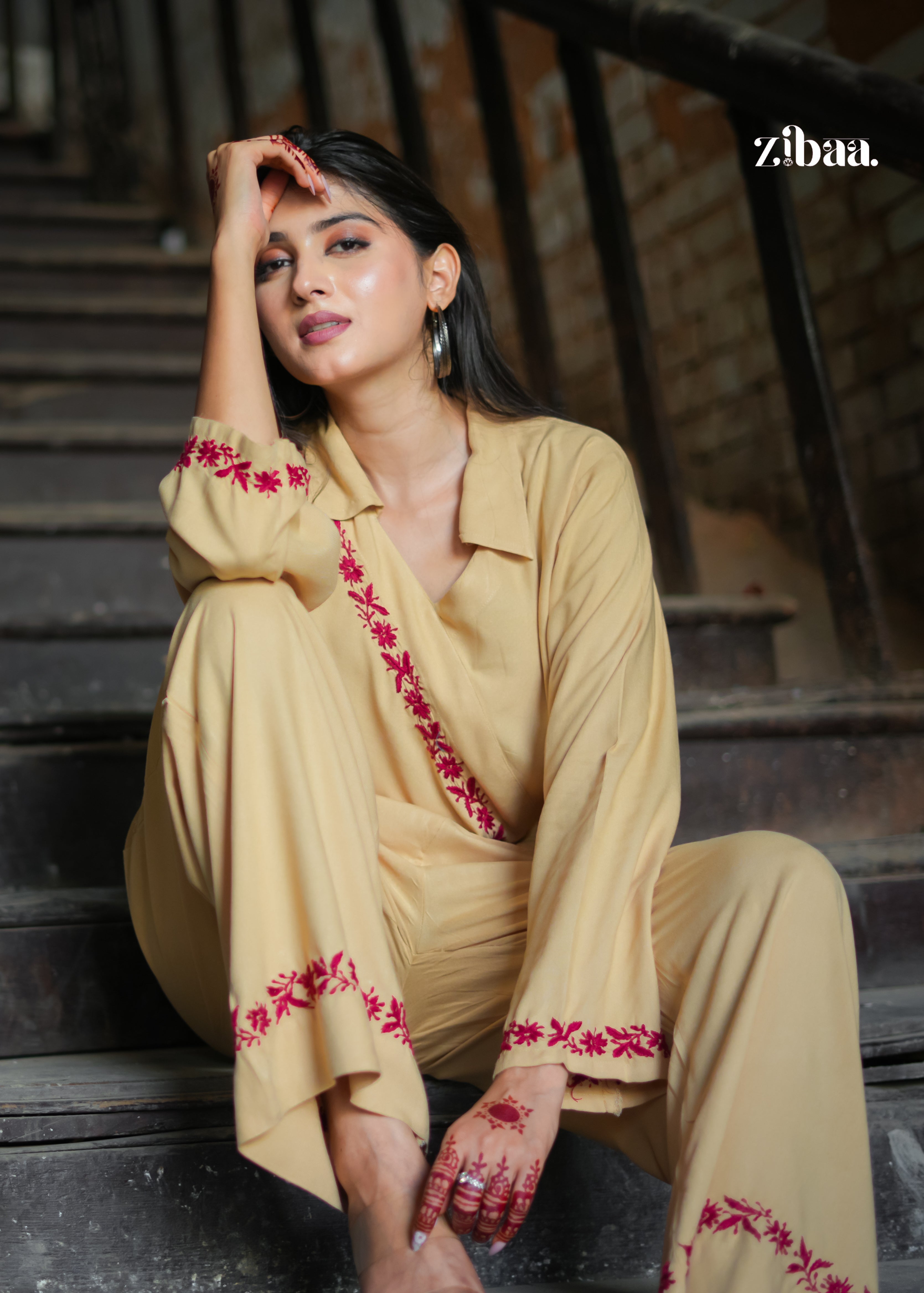 Zibaa Beige Rayon Chikankari Co-ord Set | Grocsy