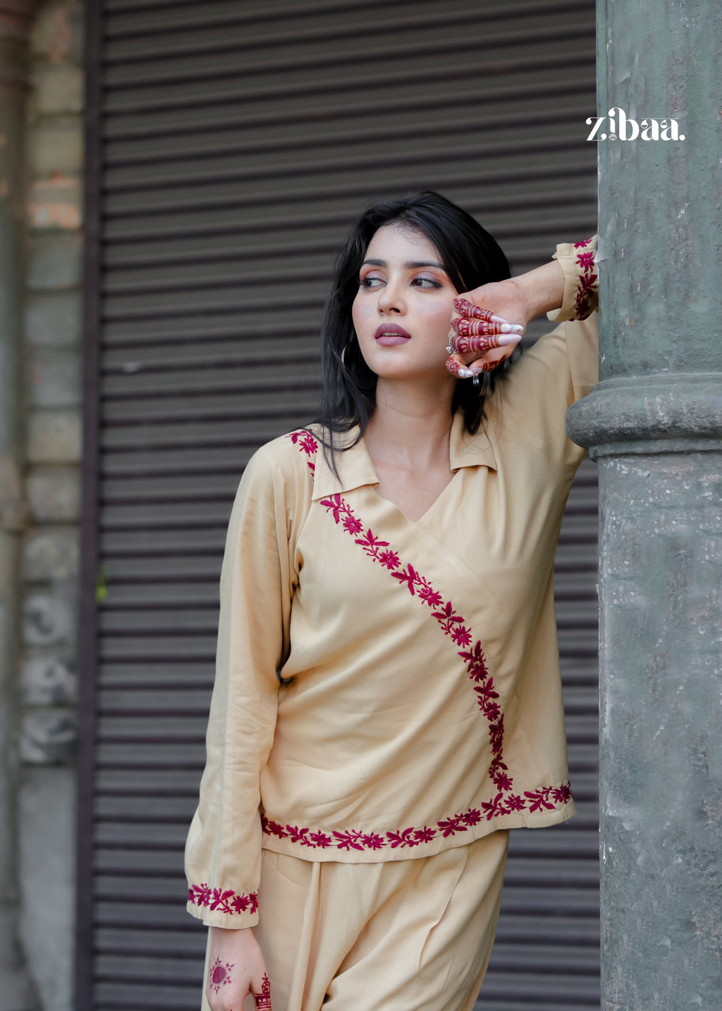 Zibaa Beige Rayon Chikankari Co-ord Set | Grocsy