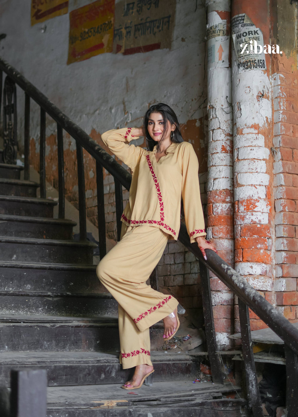Zibaa Beige Rayon Chikankari Co-ord Set | Grocsy