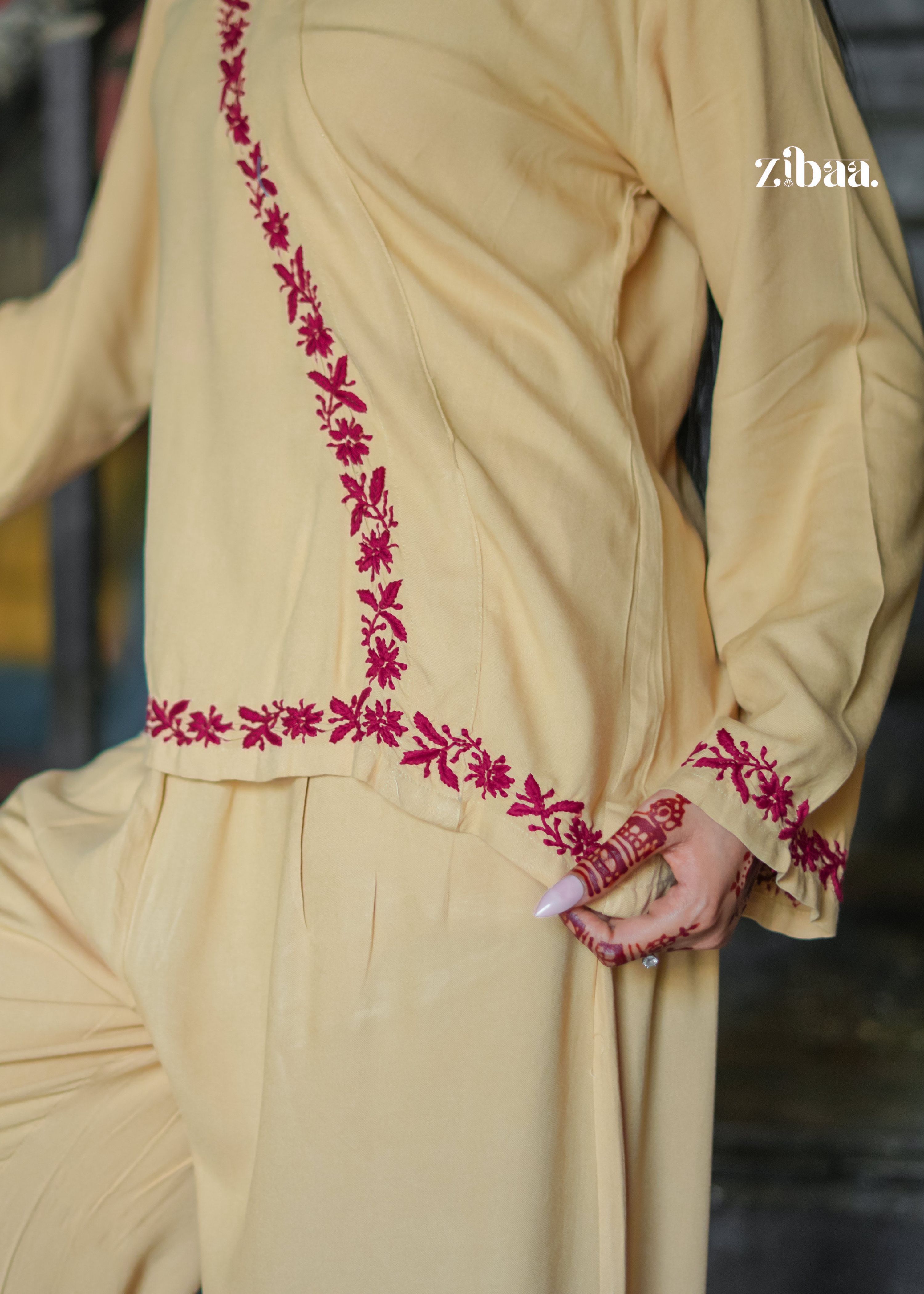 Zibaa Beige Rayon Chikankari Co-ord Set | Grocsy