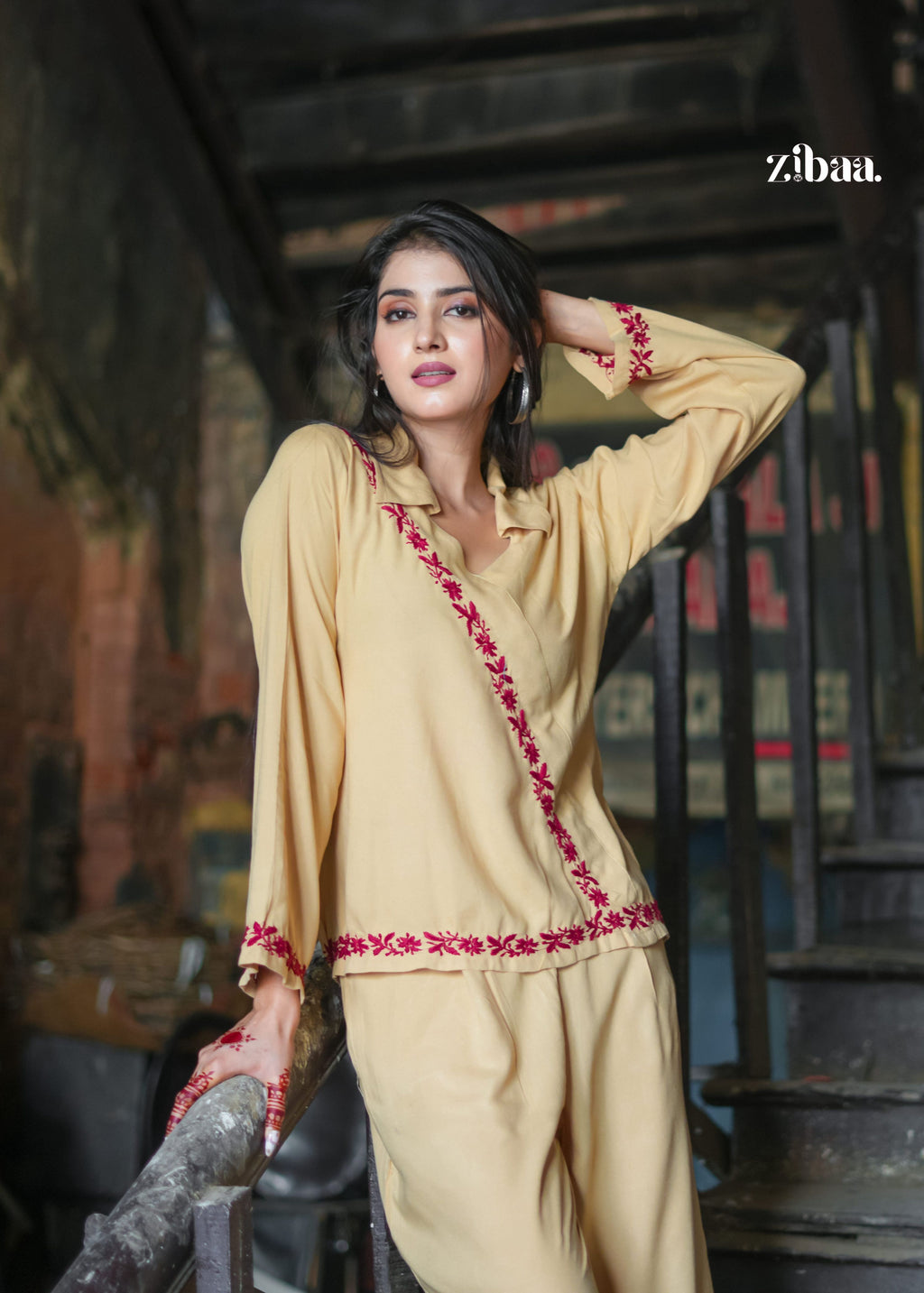 Zibaa Beige Rayon Chikankari Co-ord Set | Grocsy