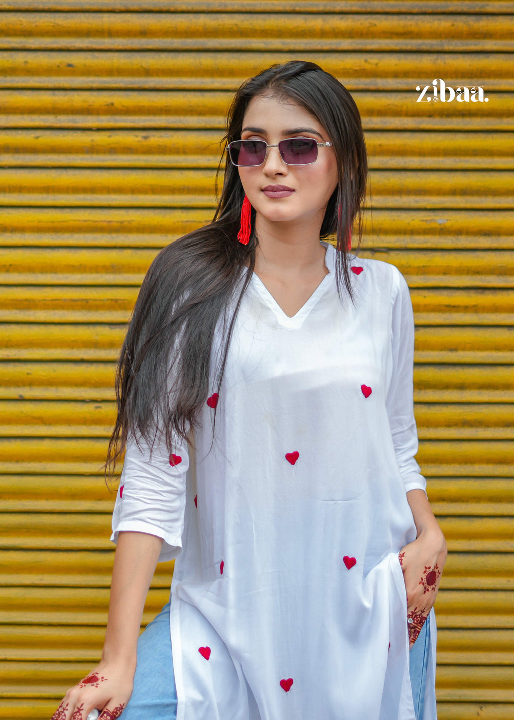 Zibaa White & Red Modal Chikankari Kurta | Grocsy