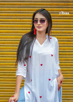 Zibaa White & Red Modal Chikankari Kurta | Grocsy