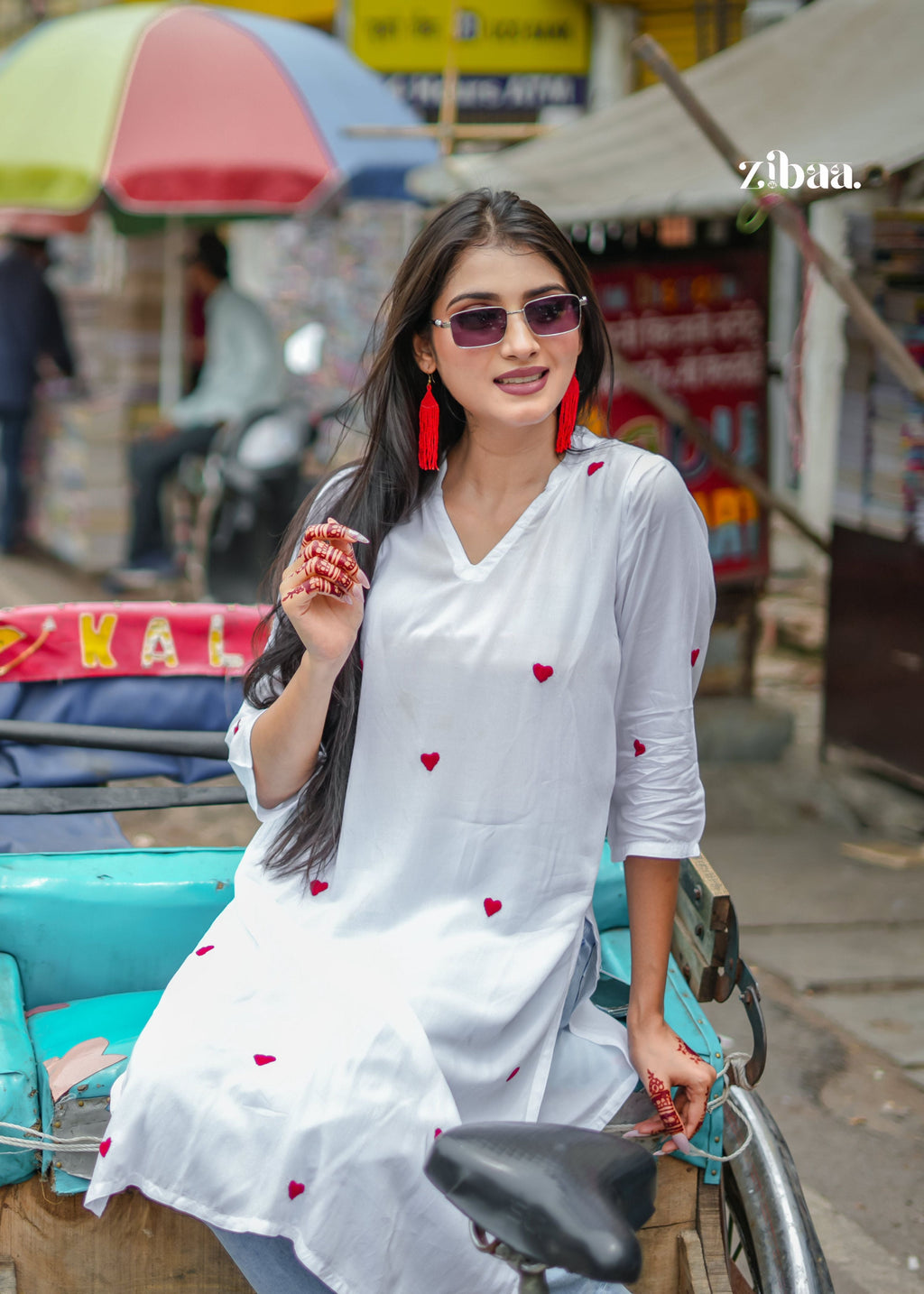 Zibaa White & Red Modal Chikankari Kurta | Grocsy