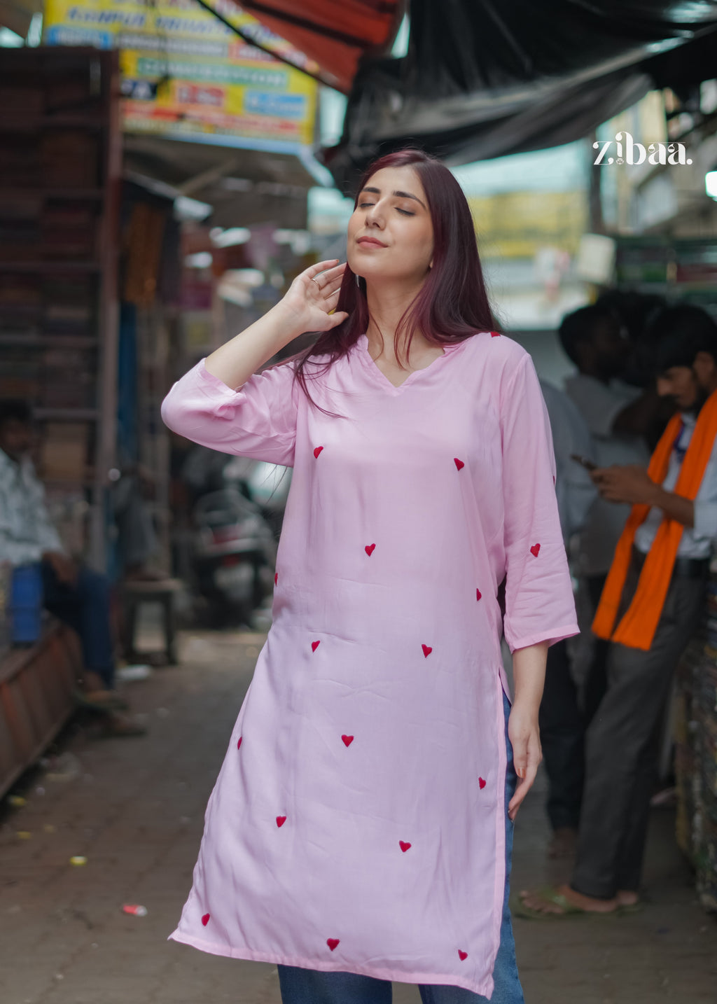 Zibaa Pink & Red Modal Chikankari Kurta | Grocsy