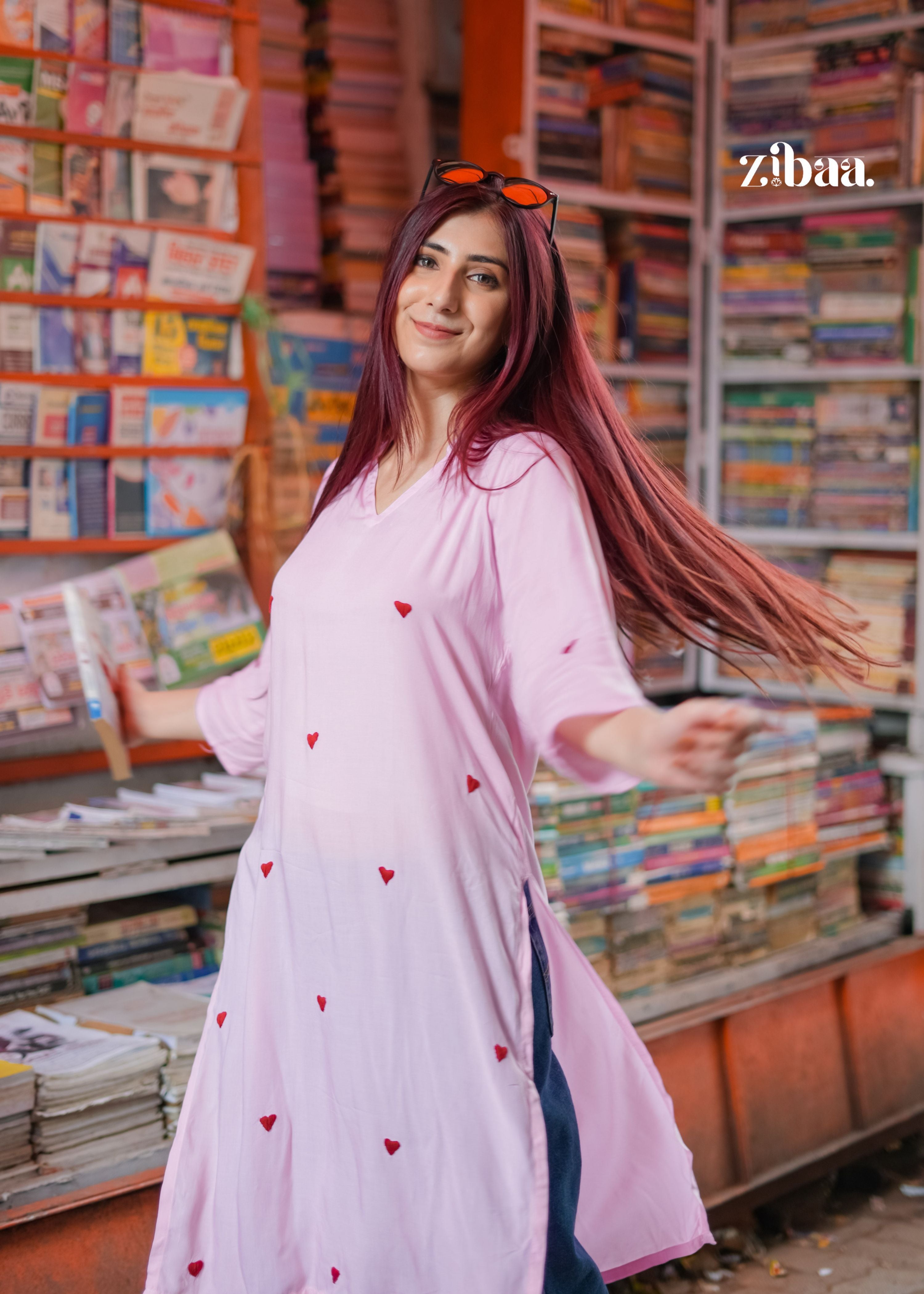 Zibaa Pink & Red Modal Chikankari Kurta | Grocsy