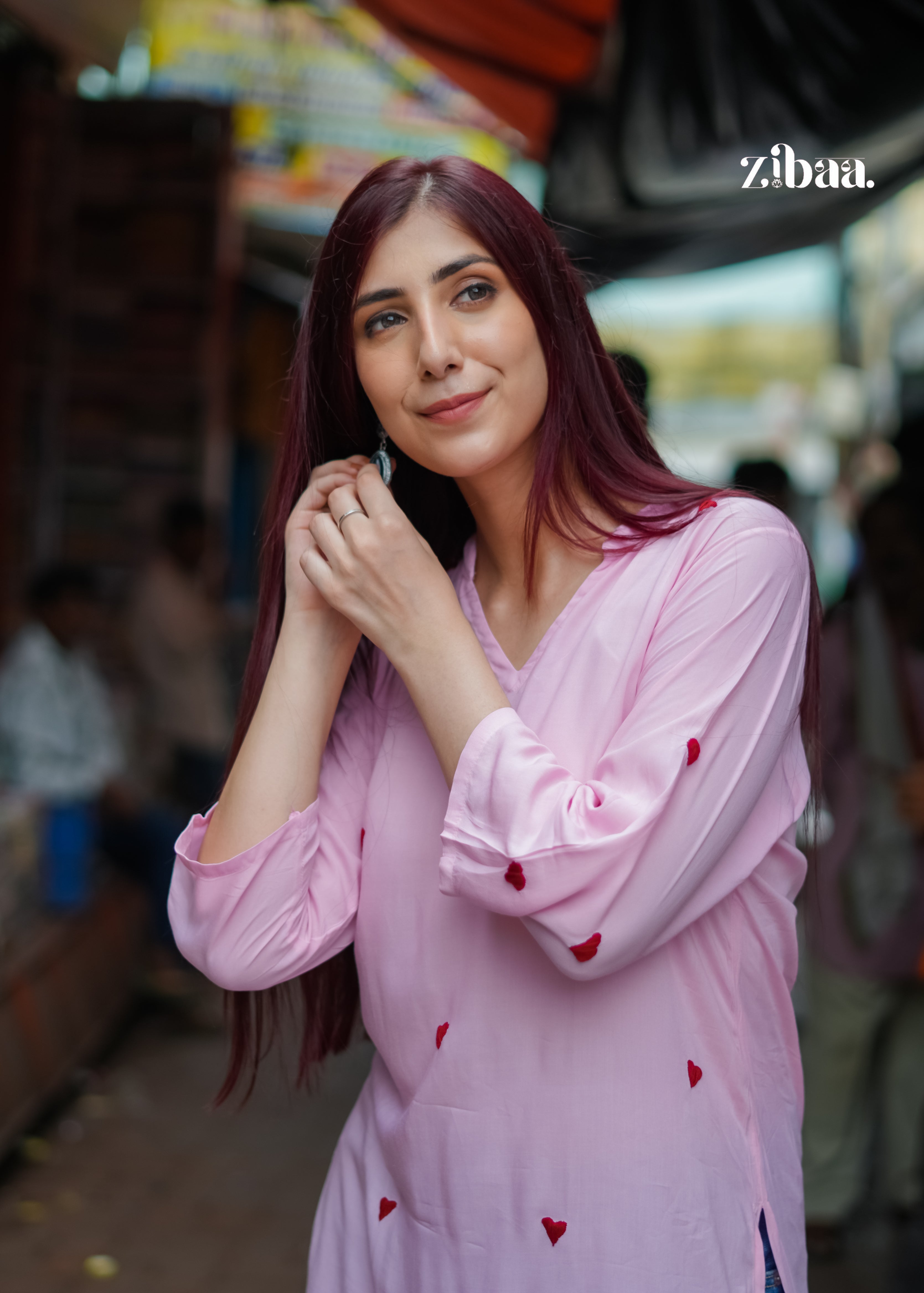 Zibaa Pink & Red Modal Chikankari Kurta | Grocsy