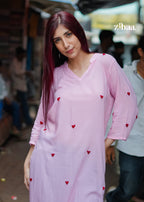 Zibaa Pink & Red Modal Chikankari Kurta | Grocsy