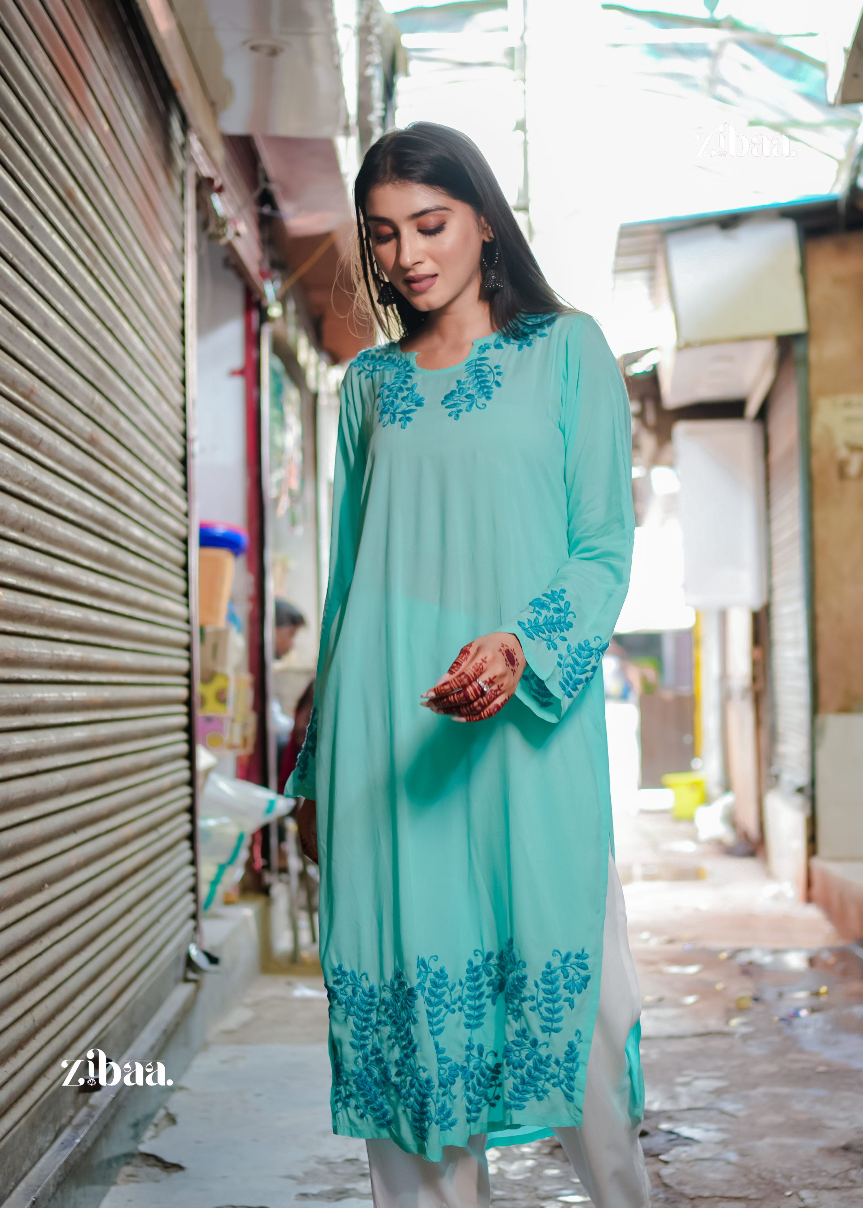 Zibaa Cyan Blue Modal Chikankari Kurta | Grocsy