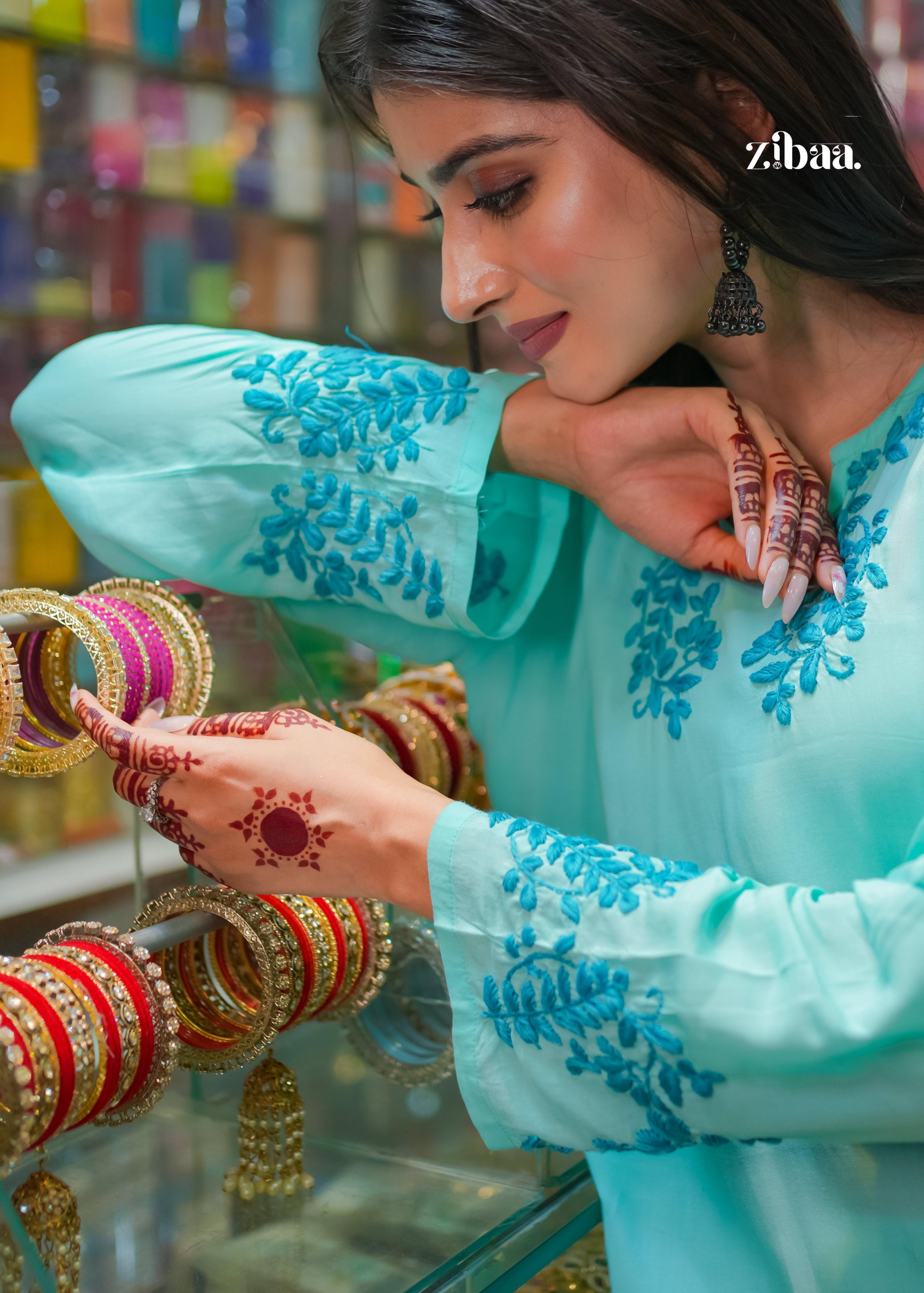 Zibaa Cyan Blue Modal Chikankari Kurta | Grocsy