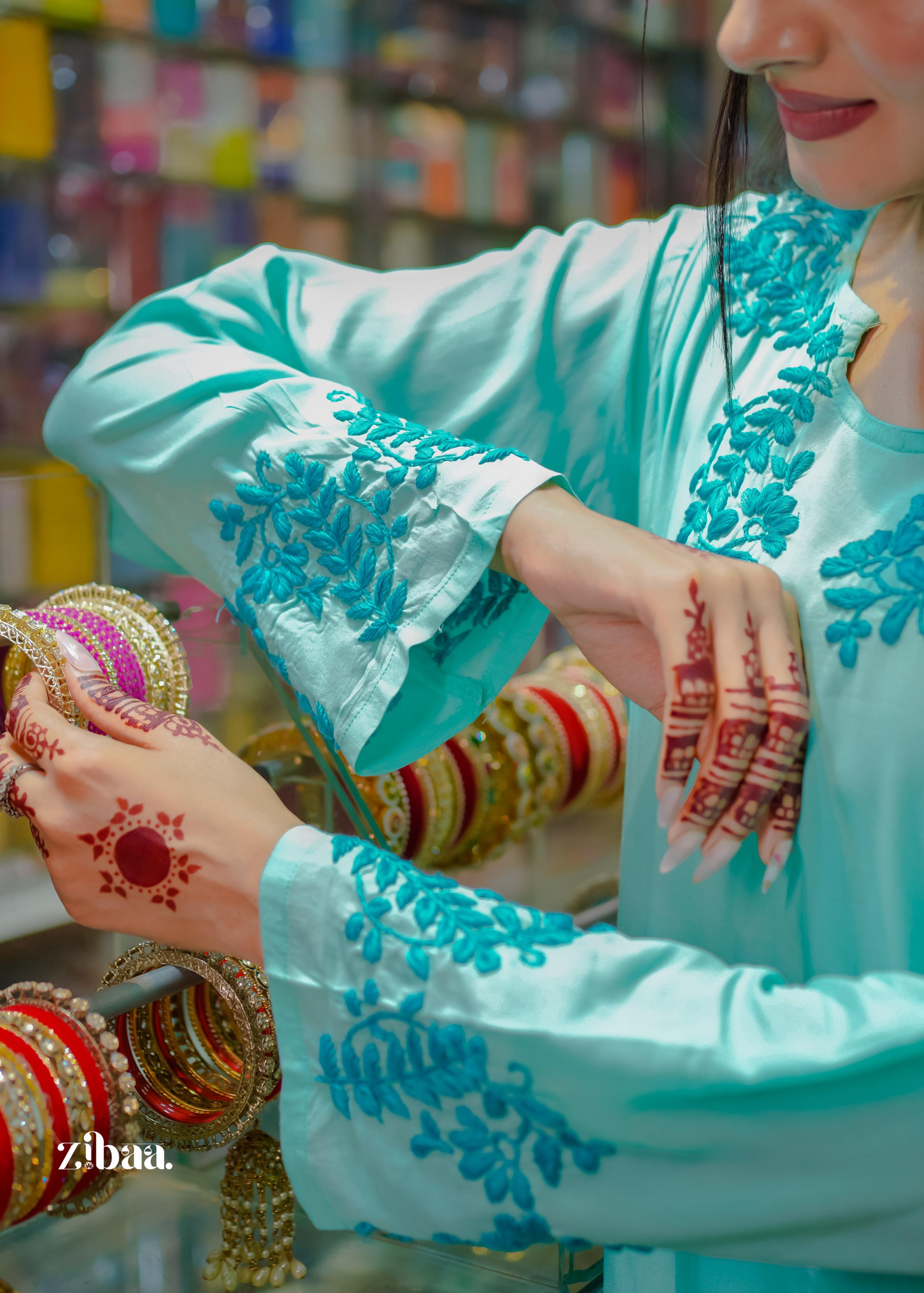 Zibaa Cyan Blue Modal Chikankari Kurta | Grocsy