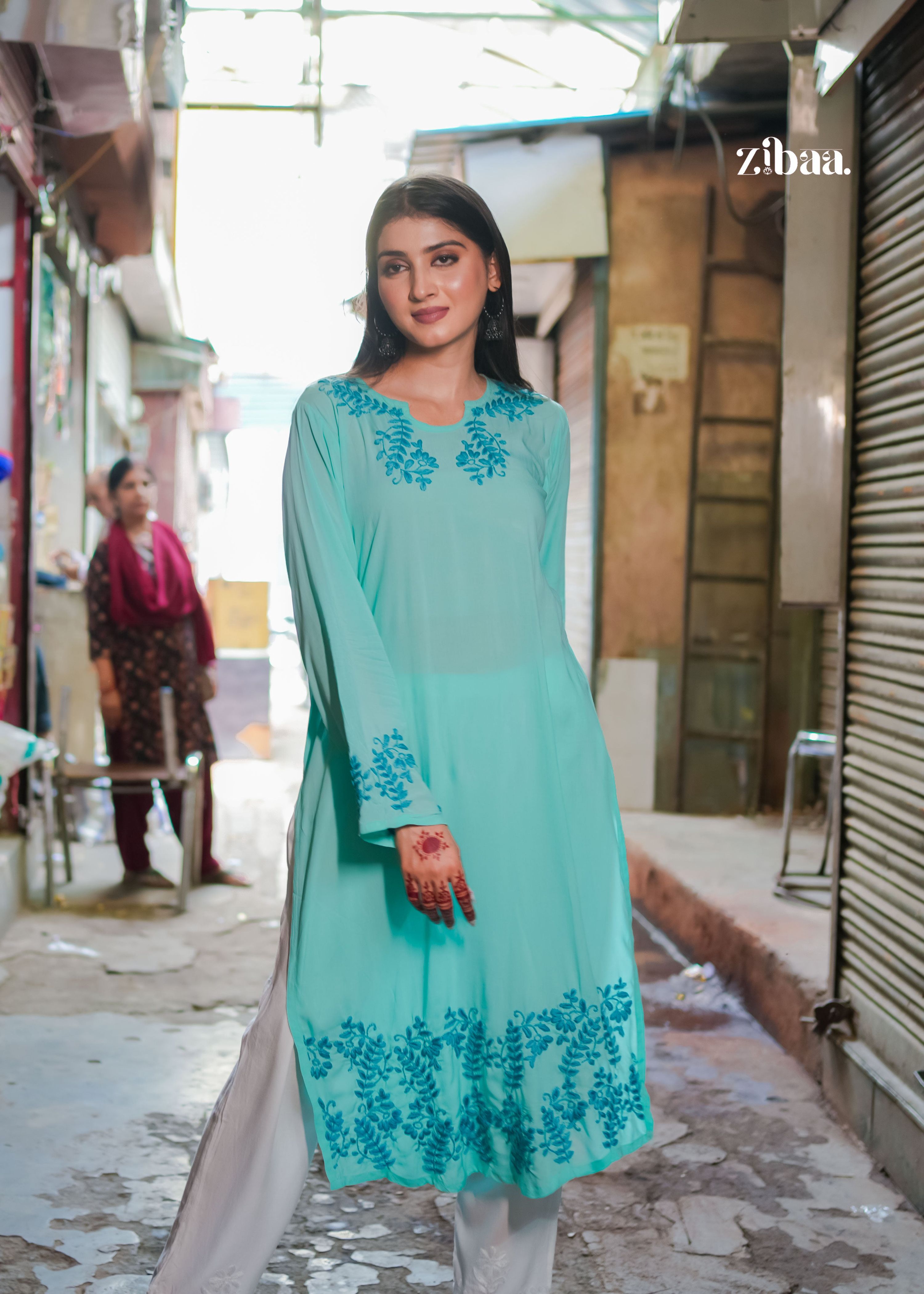 Zibaa Cyan Blue Modal Chikankari Kurta | Grocsy