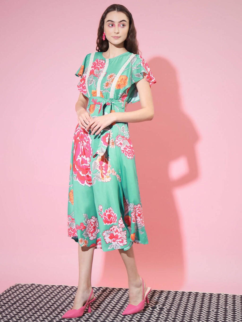 Myshka Women's Green Floral Printed Empire Dress | Grocsy