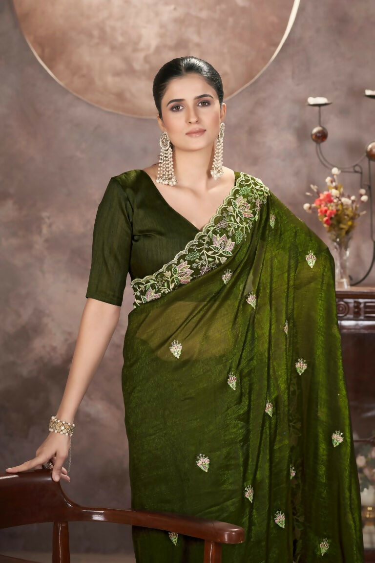 Vastranavya Gold Crunchy Multi Colour Threads Embroidery Work with Sequins Work Saree with Blouse material - Mehendi | Grocsy