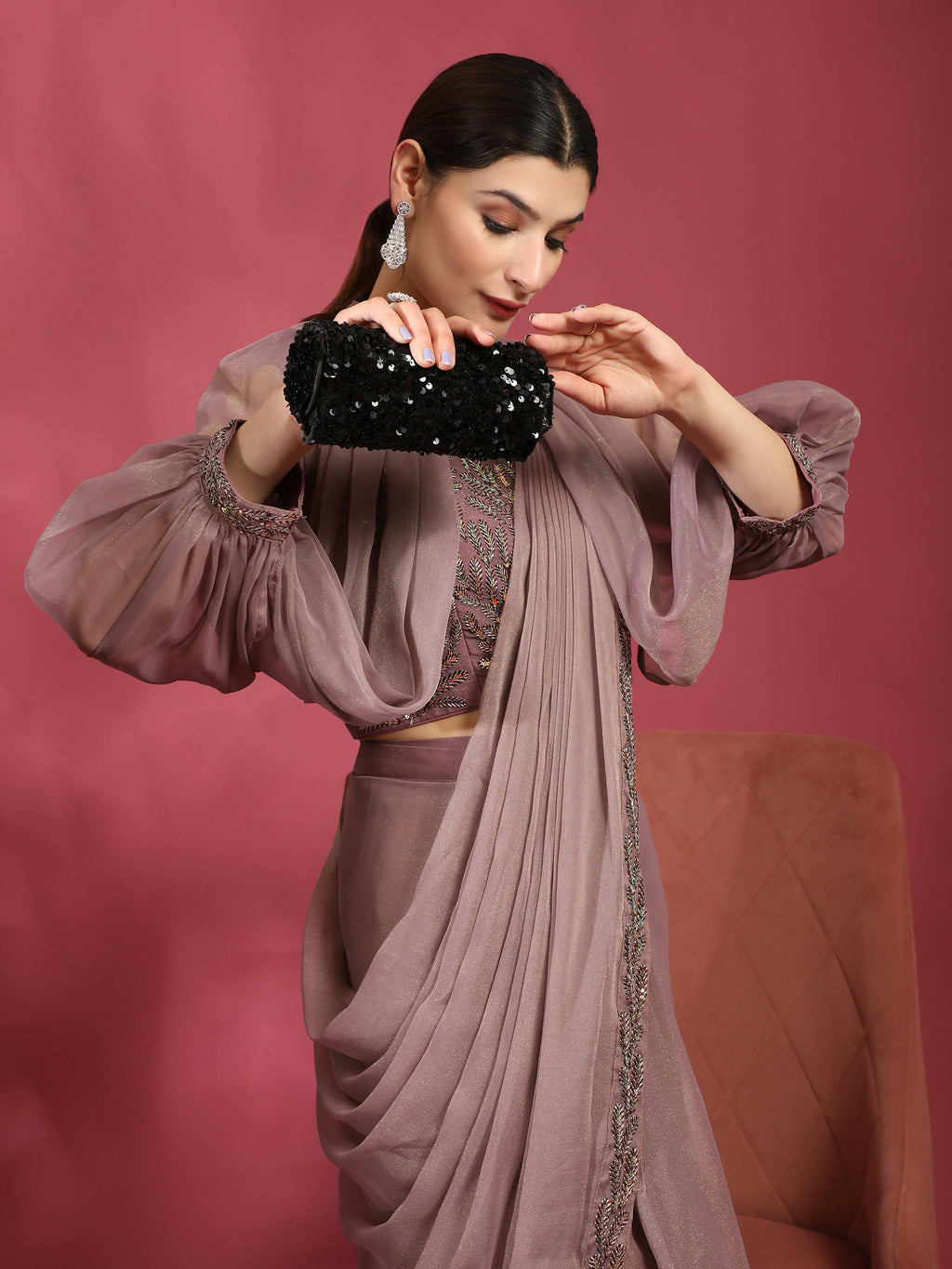 Purple Fancy Pure Fabric Plain Ready to wear Saree with stitched Blouse - Vrinda | Grocsy