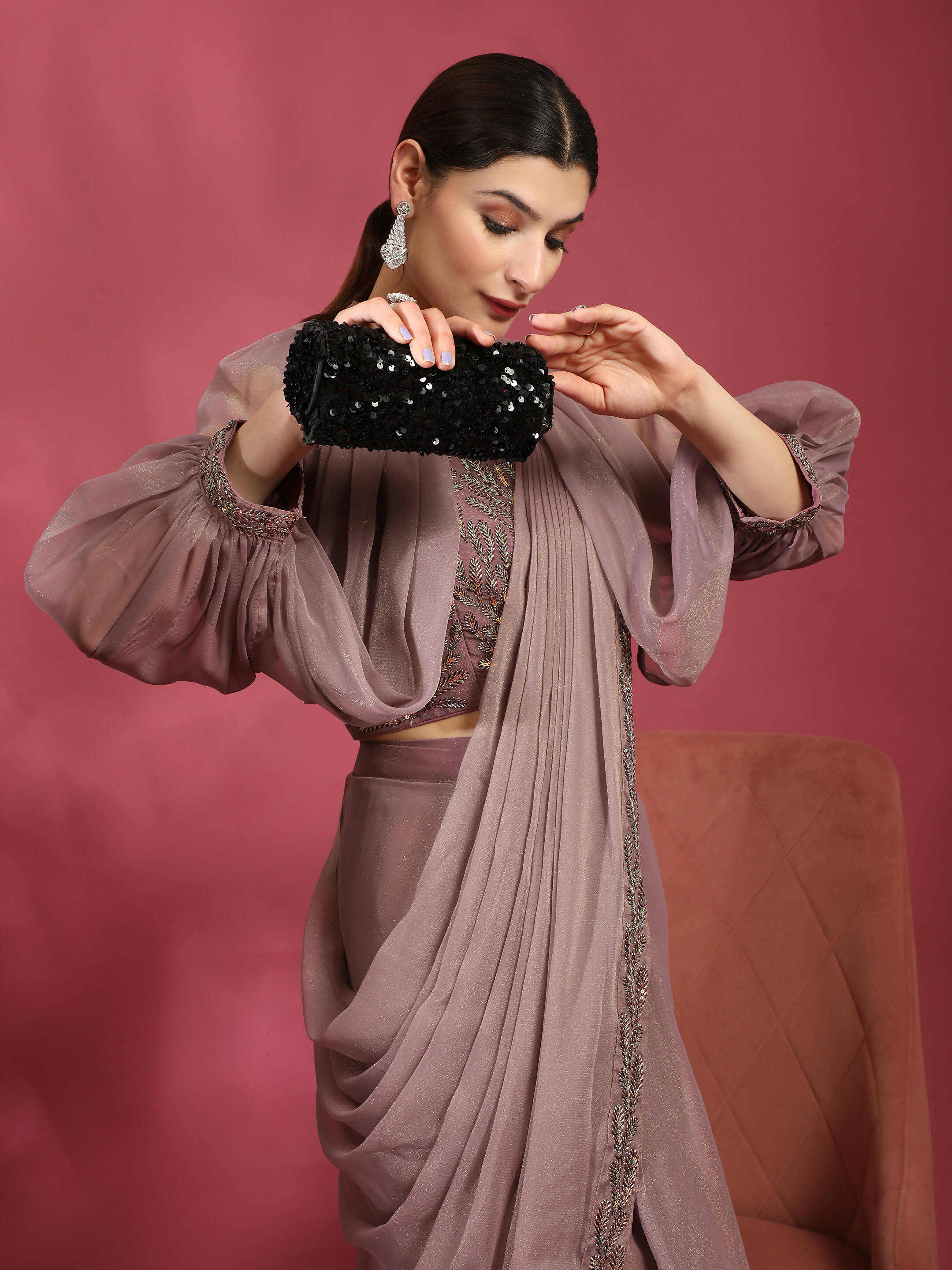 Purple Fancy Pure Fabric Plain Ready to wear Saree with stitched Blouse - Vrinda | Grocsy
