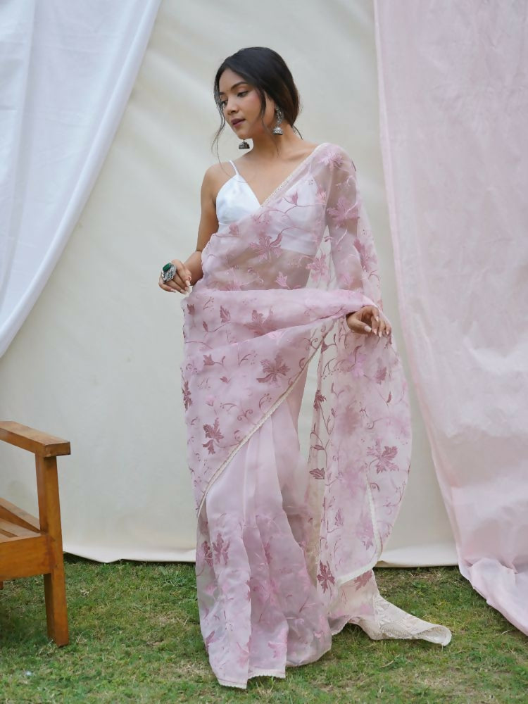 Vamsee Ishaq Baby Pink Organza Saree | Grocsy