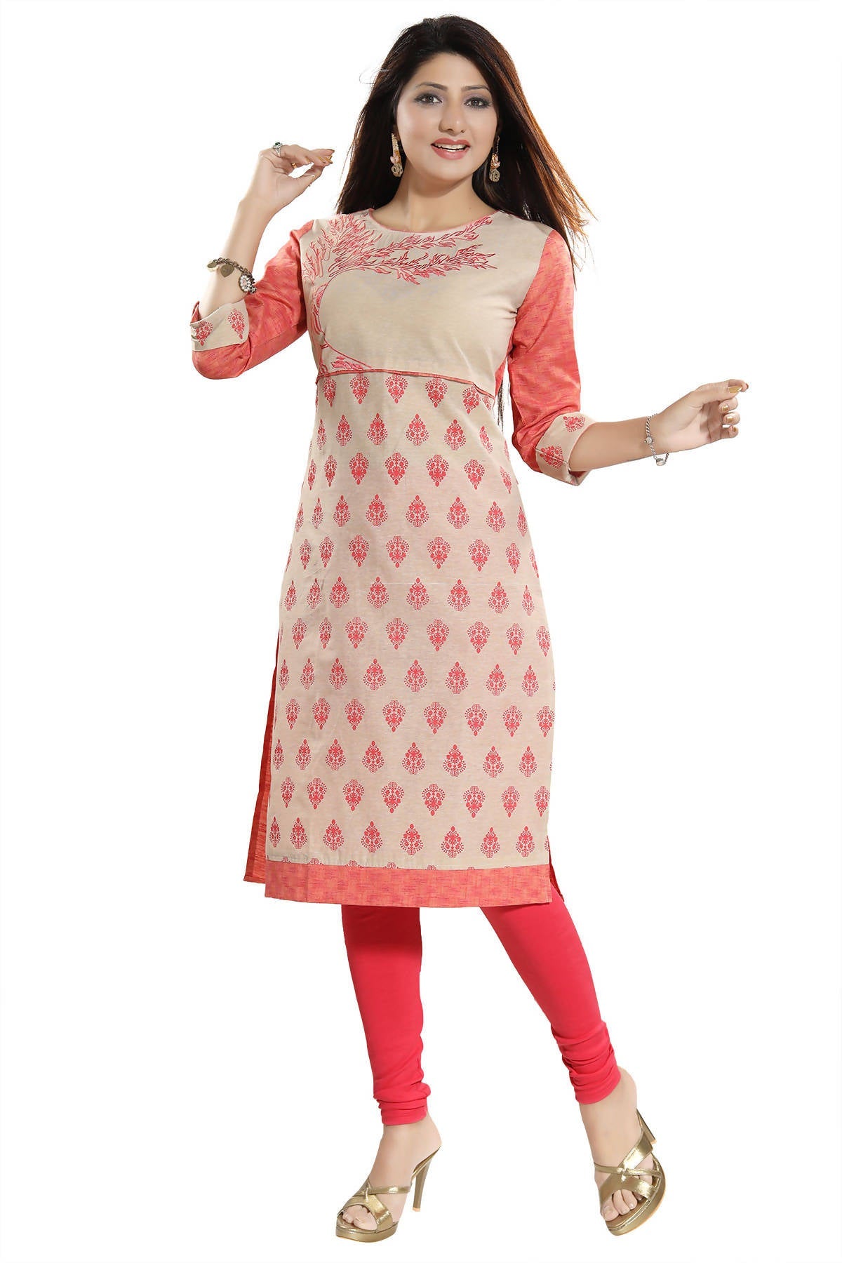 Snehal Creations Flamboyant Tomato And Beige Cotton Printed Tunic | Grocsy