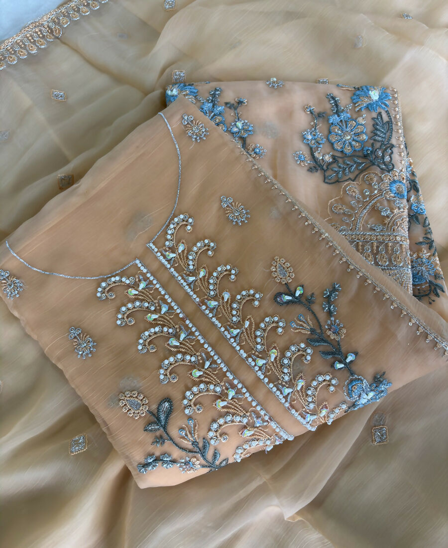 KC Heavy Chiffon Silk Yellow Hand Embroidered Straight Suit For Women Wedding | Grocsy