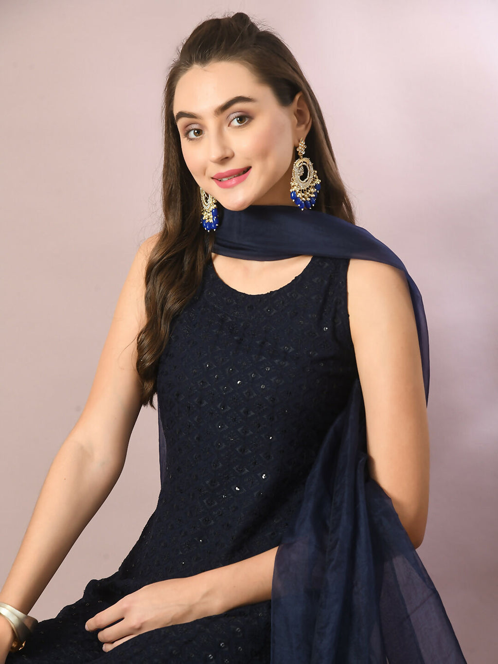 Myshka Women's Navy Blue Embroidered Cotton Straight Party Kurta Set With Dupatta | Grocsy
