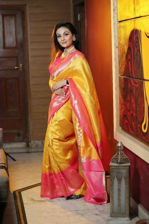 DEIANA'S Beautiful Designer Golden zari Soft Lichi Silk Saree - Yellow | Grocsy