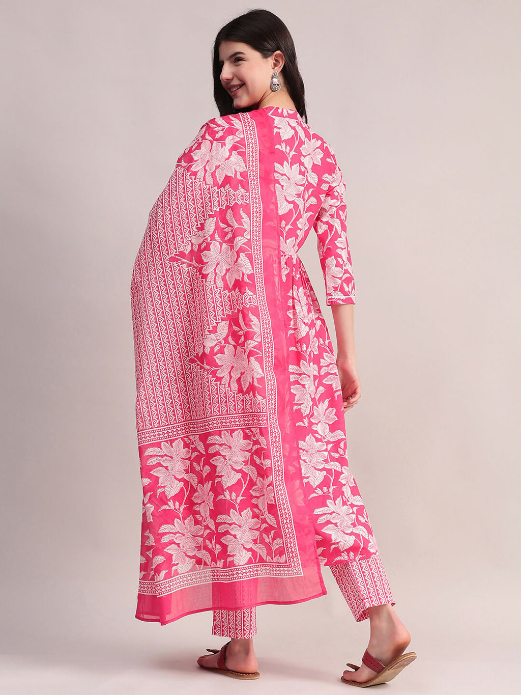 Aavyora Women's Pink Floral Cotton Kurta with Lace Detailing, with Trouser & Dupatta | Grocsy