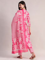 Aavyora Women's Pink Floral Cotton Kurta with Lace Detailing, with Trouser & Dupatta | Grocsy