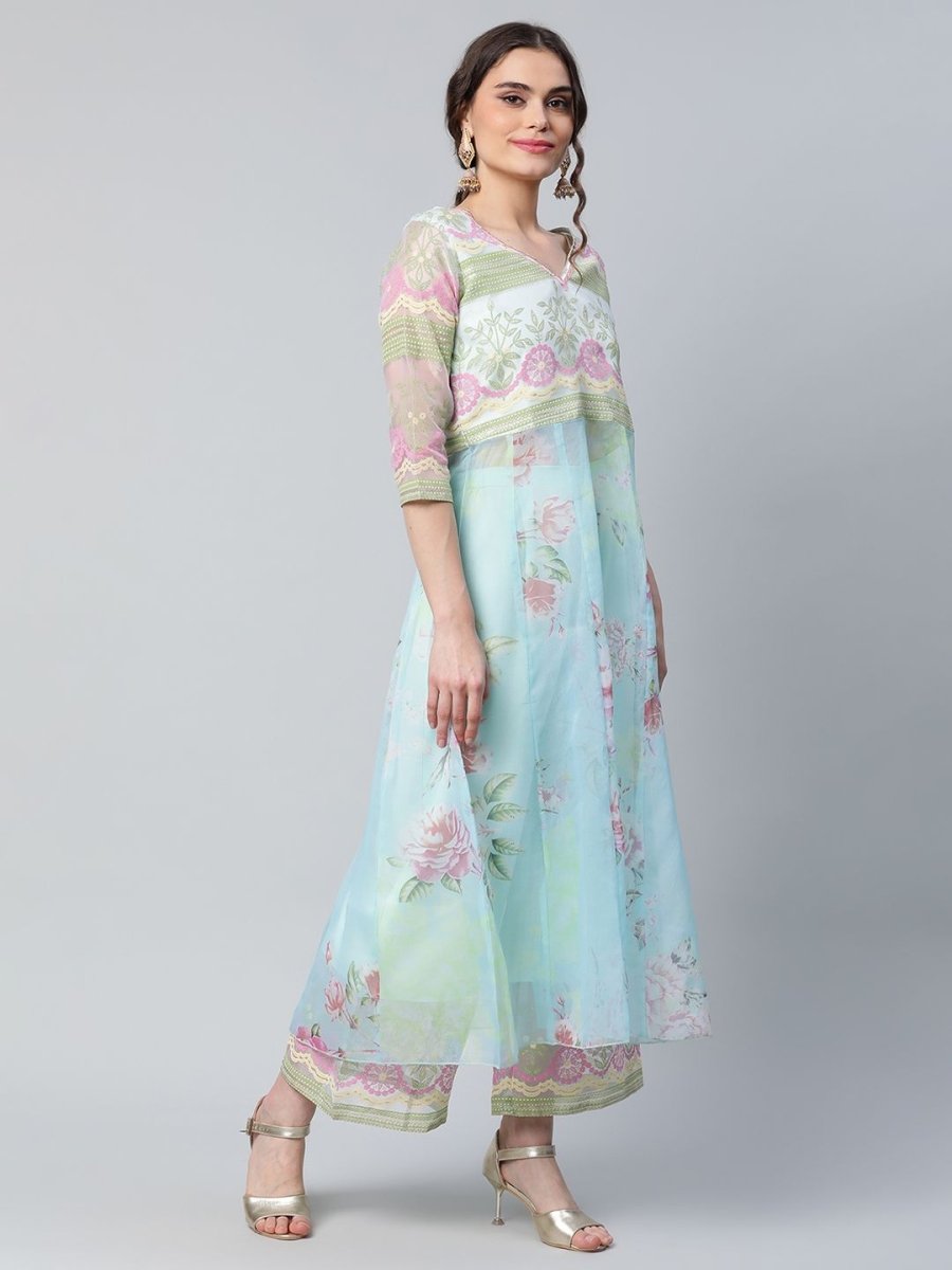 Ahalyaa Women Sea Green Organza Romantic Florals Kurta Palazzo Set | Grocsy