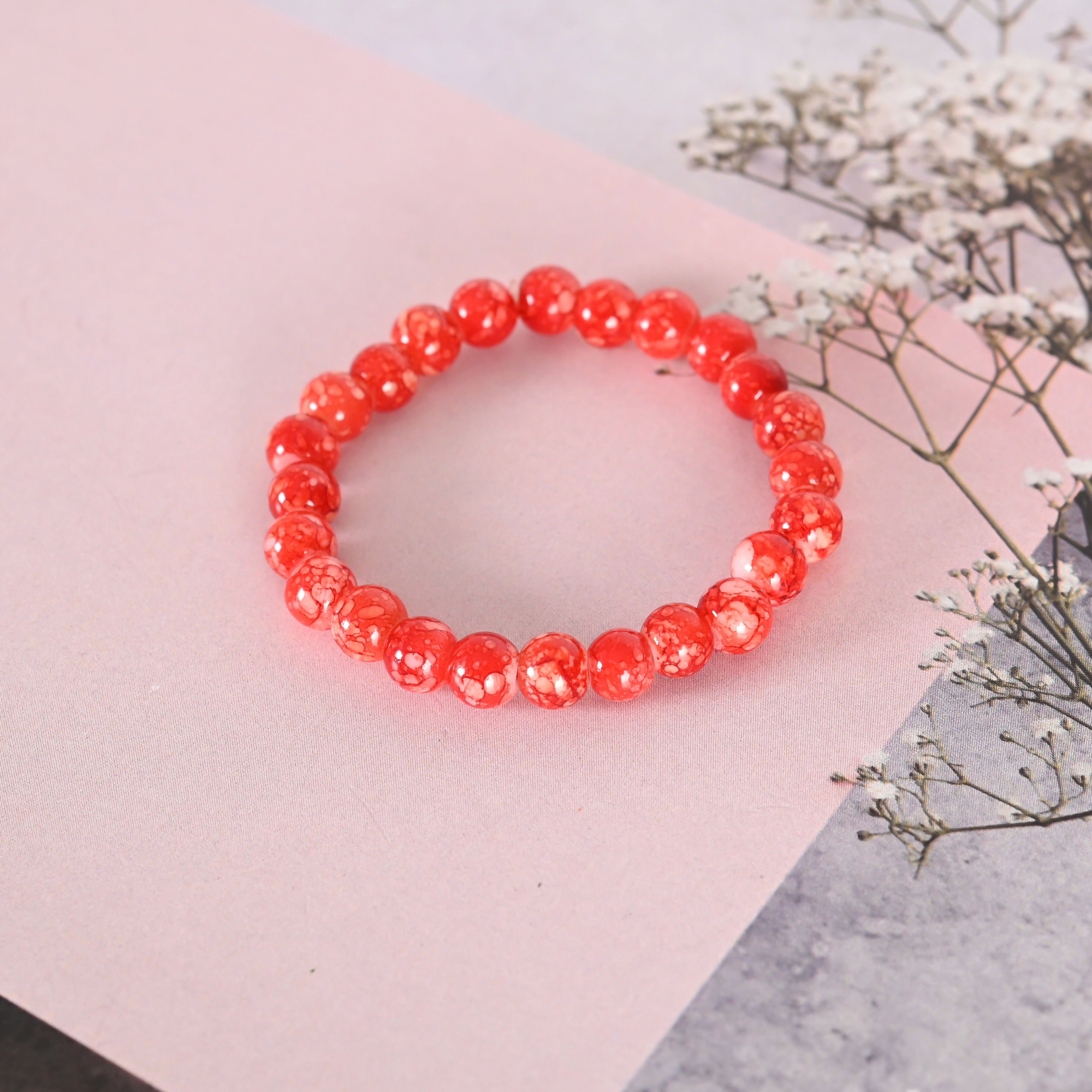 NVR Men & Women Red Marbel Crystal Elasticated Bracelet