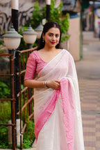 Pink Poly Chiffon Striped Saree with Unstitched Blouse - Hiral Fashion | Grocsy