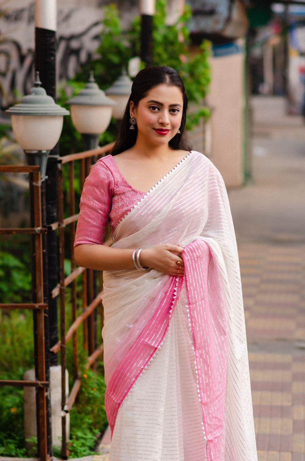 Pink Poly Chiffon Striped Saree with Unstitched Blouse - A2M | Grocsy