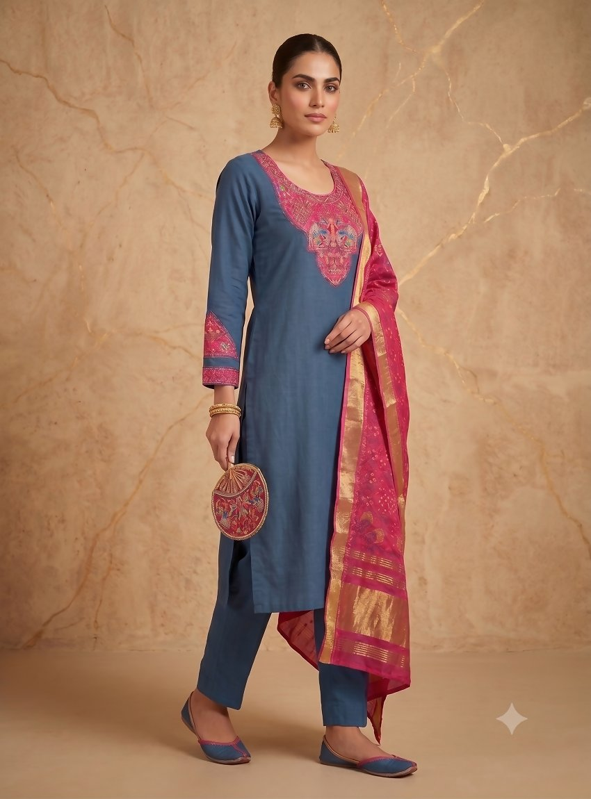 Teeya Creation Women Teal Blue Embroidered Straight Kurta With Magenta Dupatta And Pant Set | Grocsy