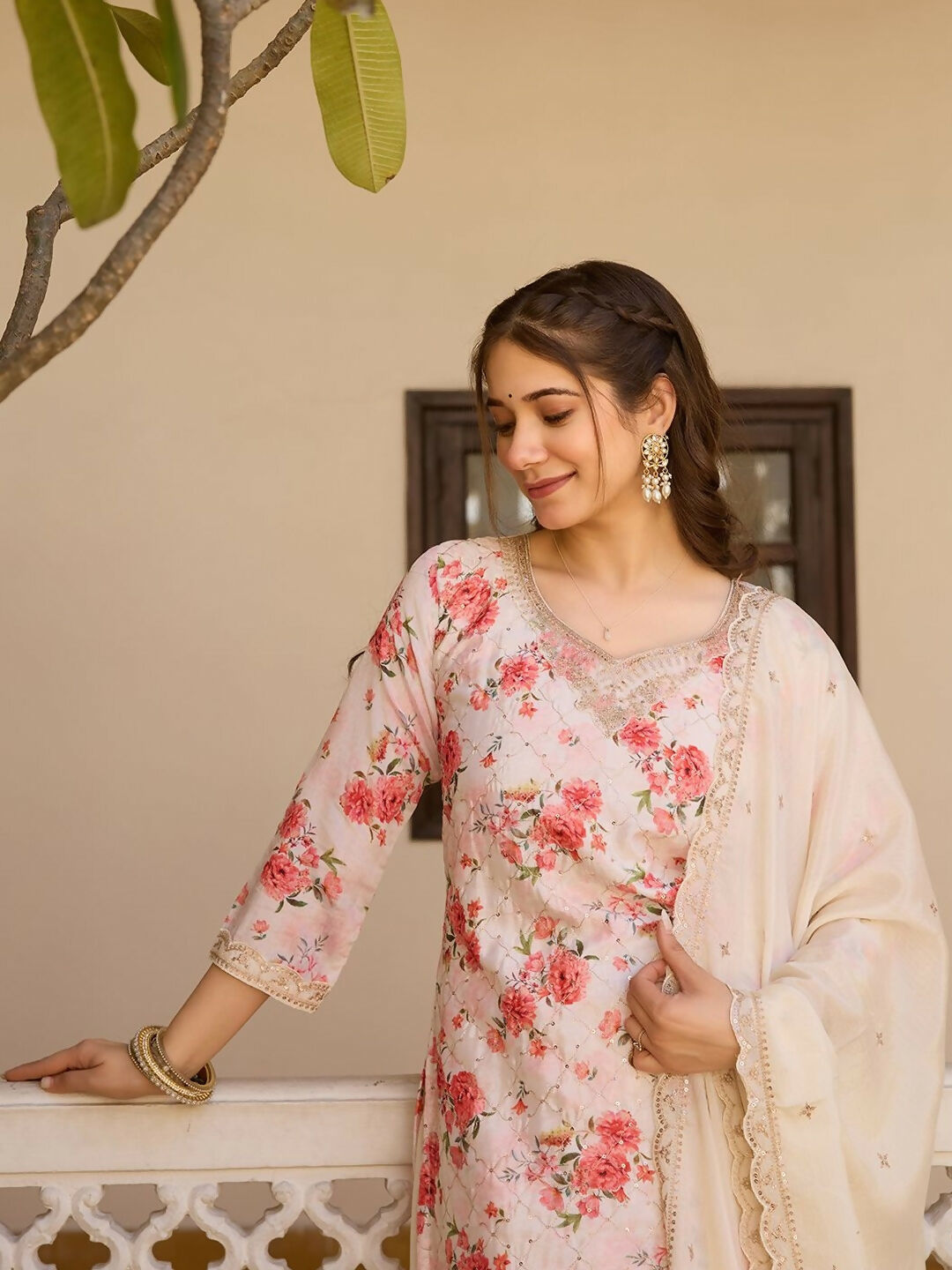 The52 White Women's Gorgeous Embroidered Chinon Fabric Straight Kurta Palazzo and Dupatta Set | Grocsy