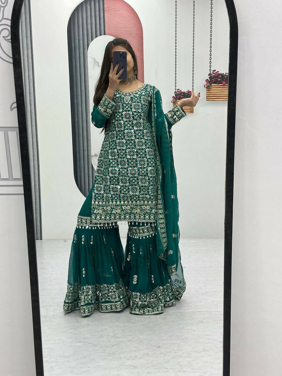 Teeya Creation Womens New Heavy Fox Georgette Fabric With Heavy Embroidery Work Green Kurta Set | Grocsy